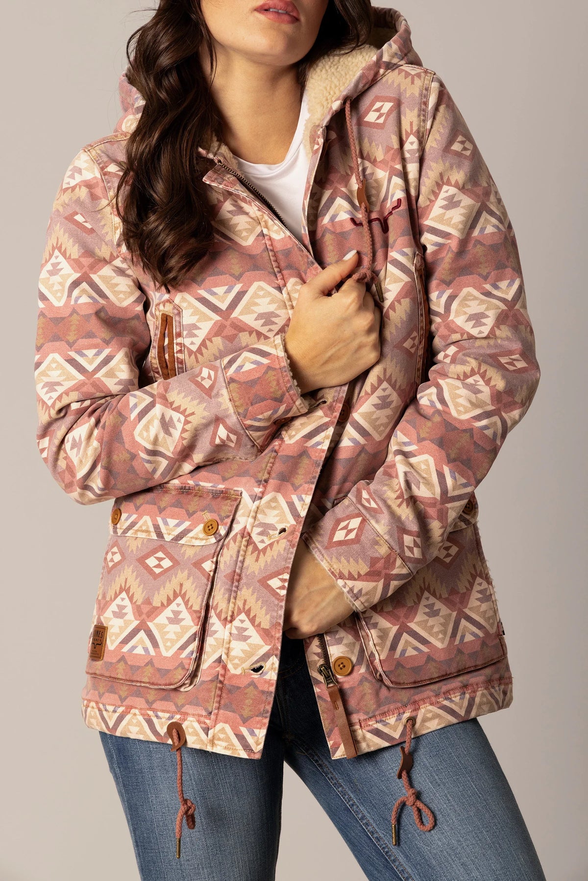 Kimes Ranch AWA Jacket in Mauve with geometric print, sherpa hood, and flap pockets