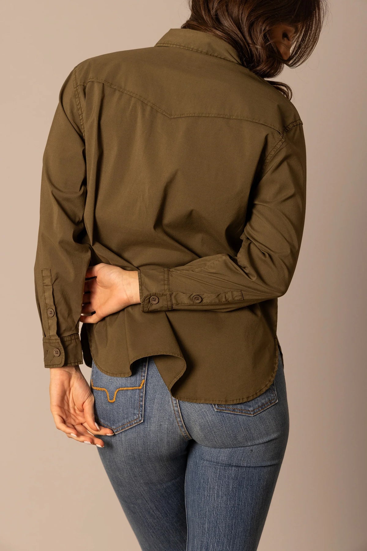 Kimes Ranch Abigail Popover, back view, in olive with long sleeves, button cuffs, and a back yoke