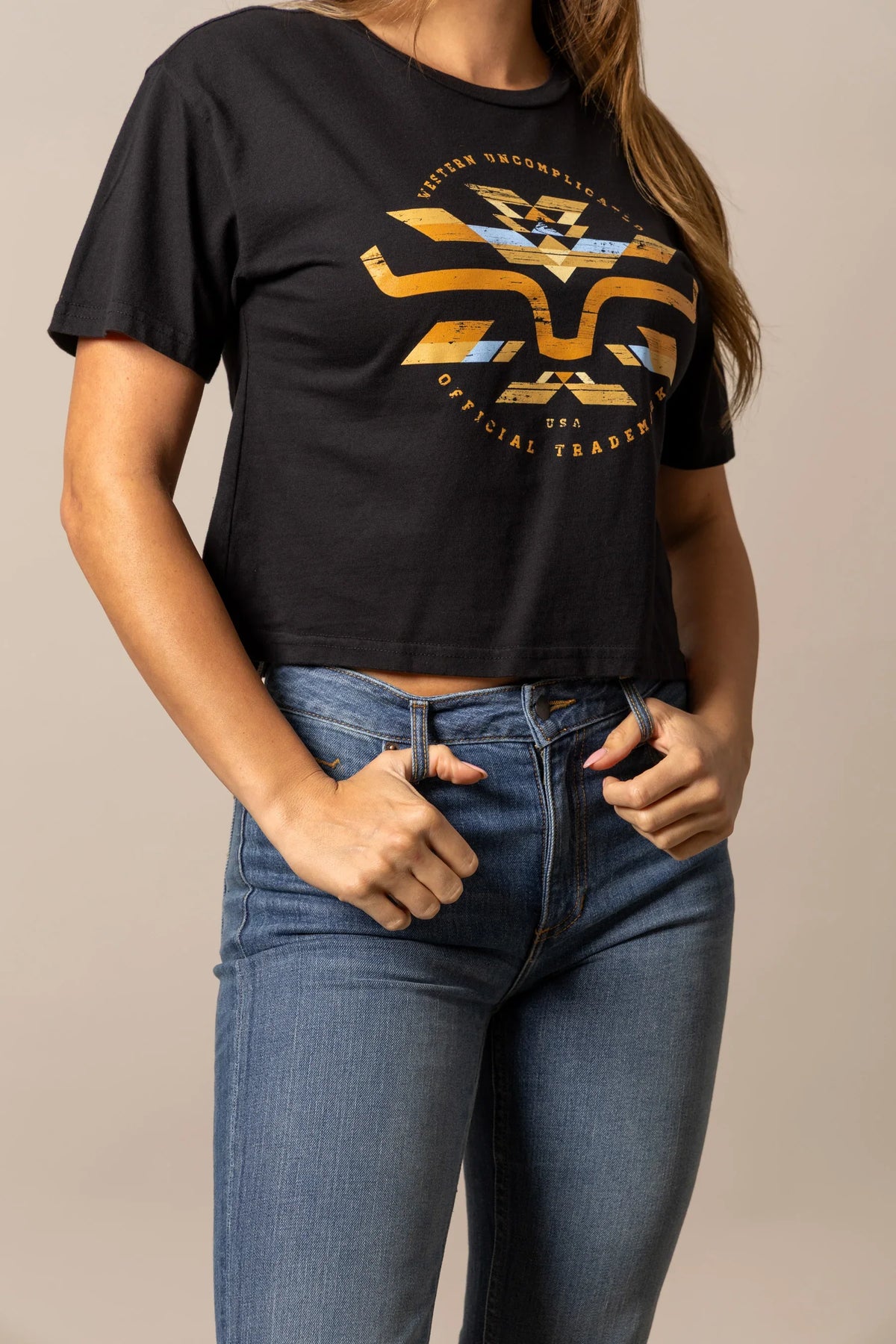 Kimes Ranch Abiquiu Black short sleeve shirt with Western Uncomplicated Official Trademark graphic