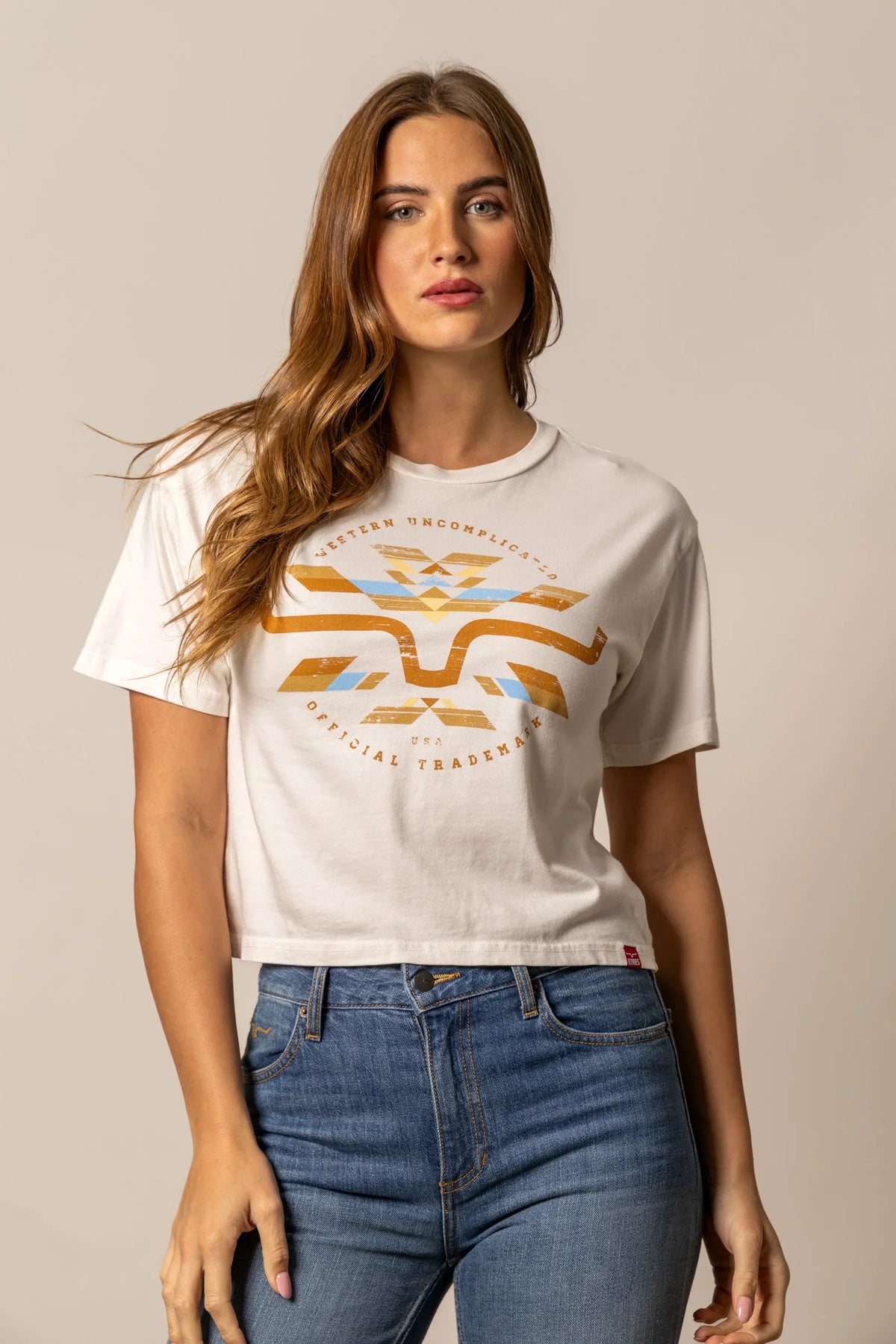 Kimes Ranch Abiquiu shirt in Bone with a Western Uncomplicated graphic and Official Trademark text