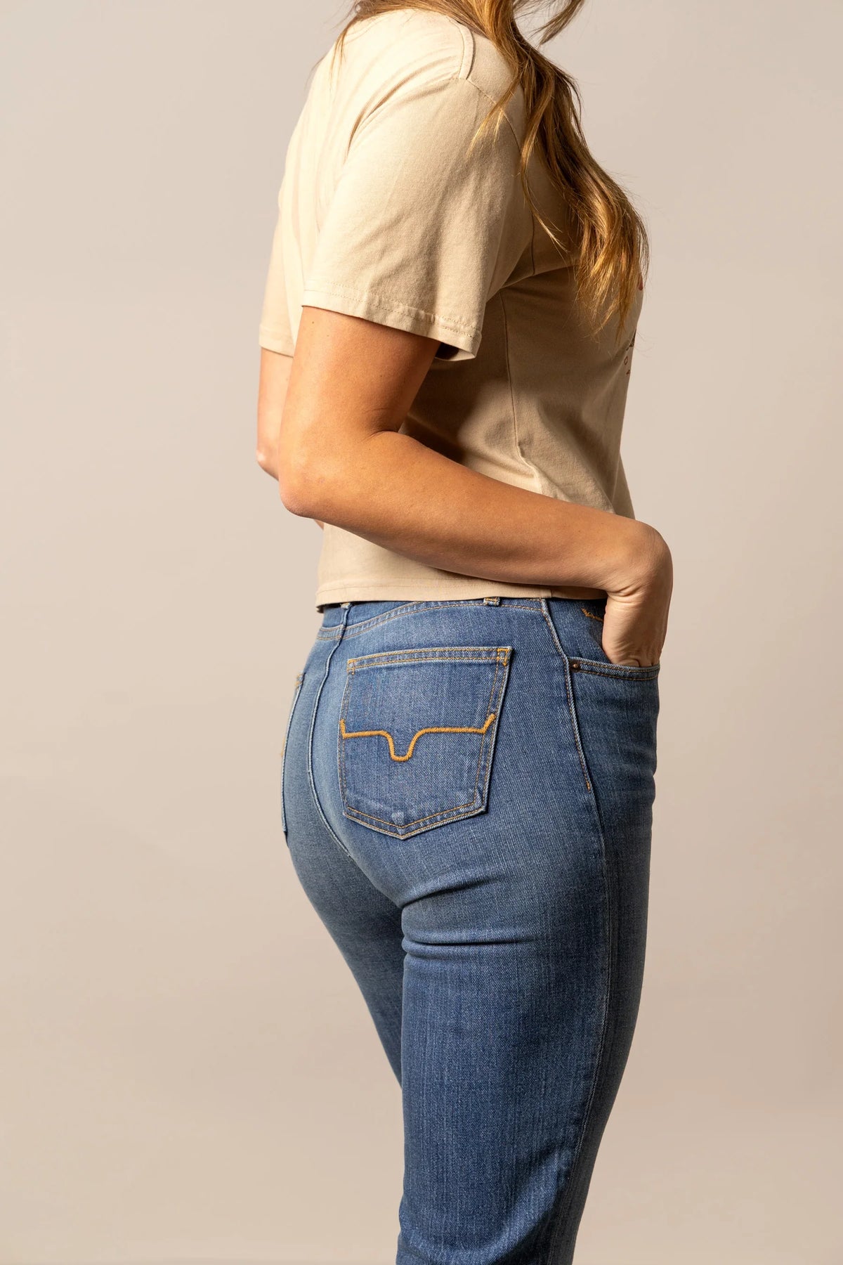 Kimes Ranch Abiquiu shirt in Tan, side view, with short sleeves and a relaxed fit