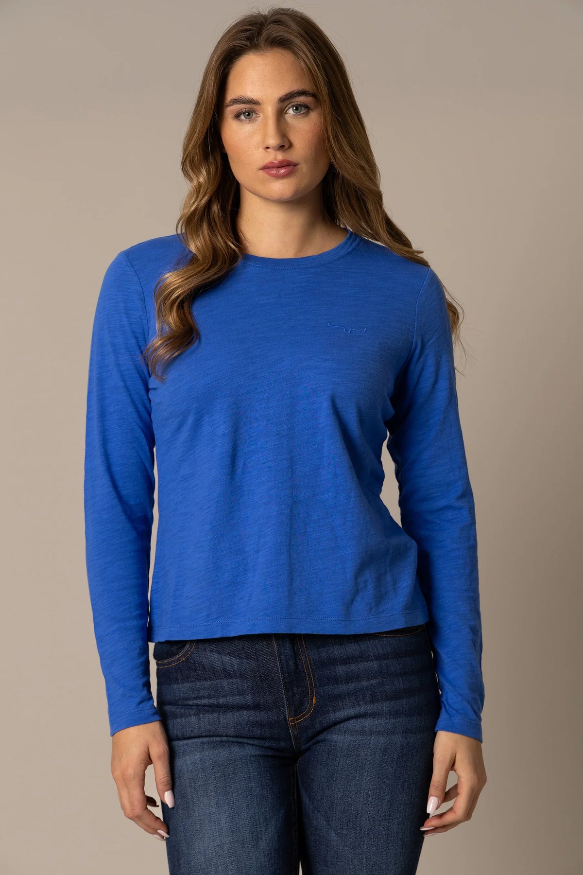 Kimes Ranch Ainsley long sleeve top in Blue with a crew neck and embroidered logo on the chest