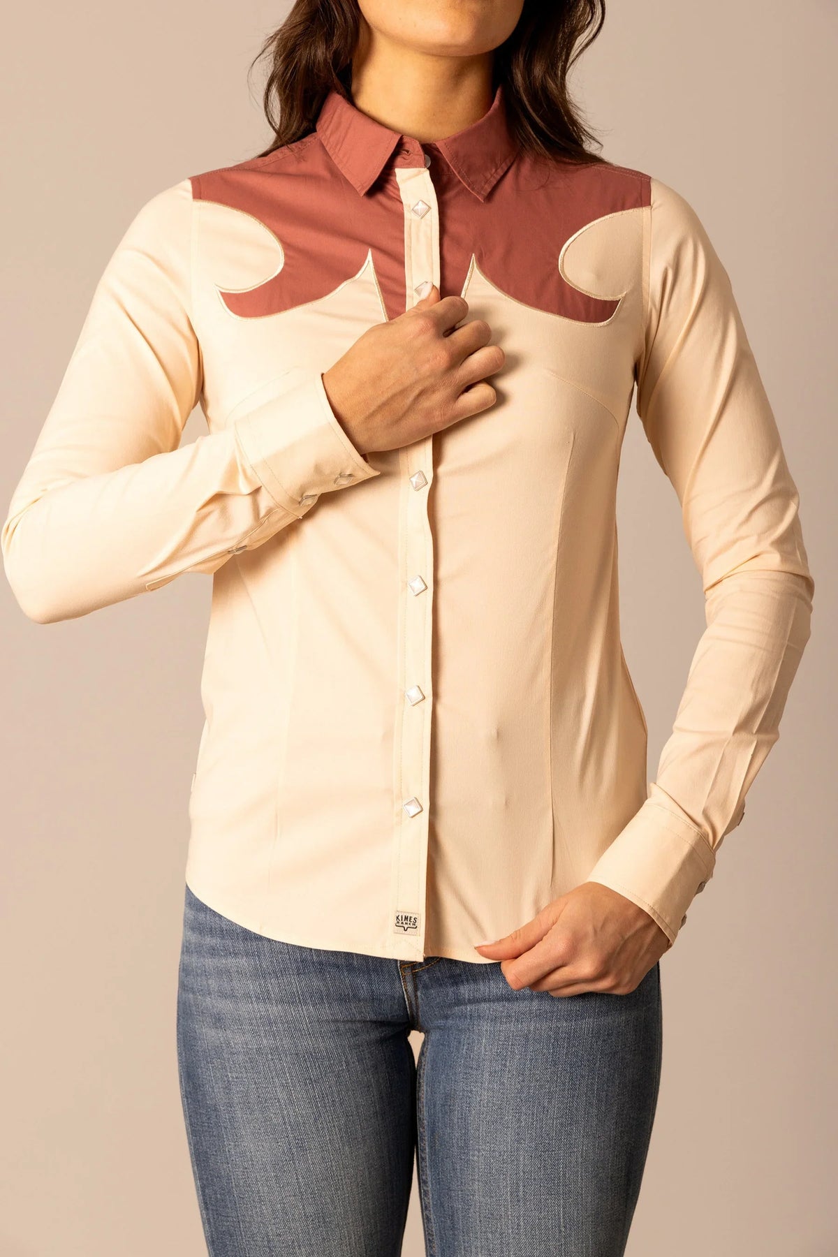 Kimes Ranch Alice top in Mauve with long sleeves and a contrasting yoke