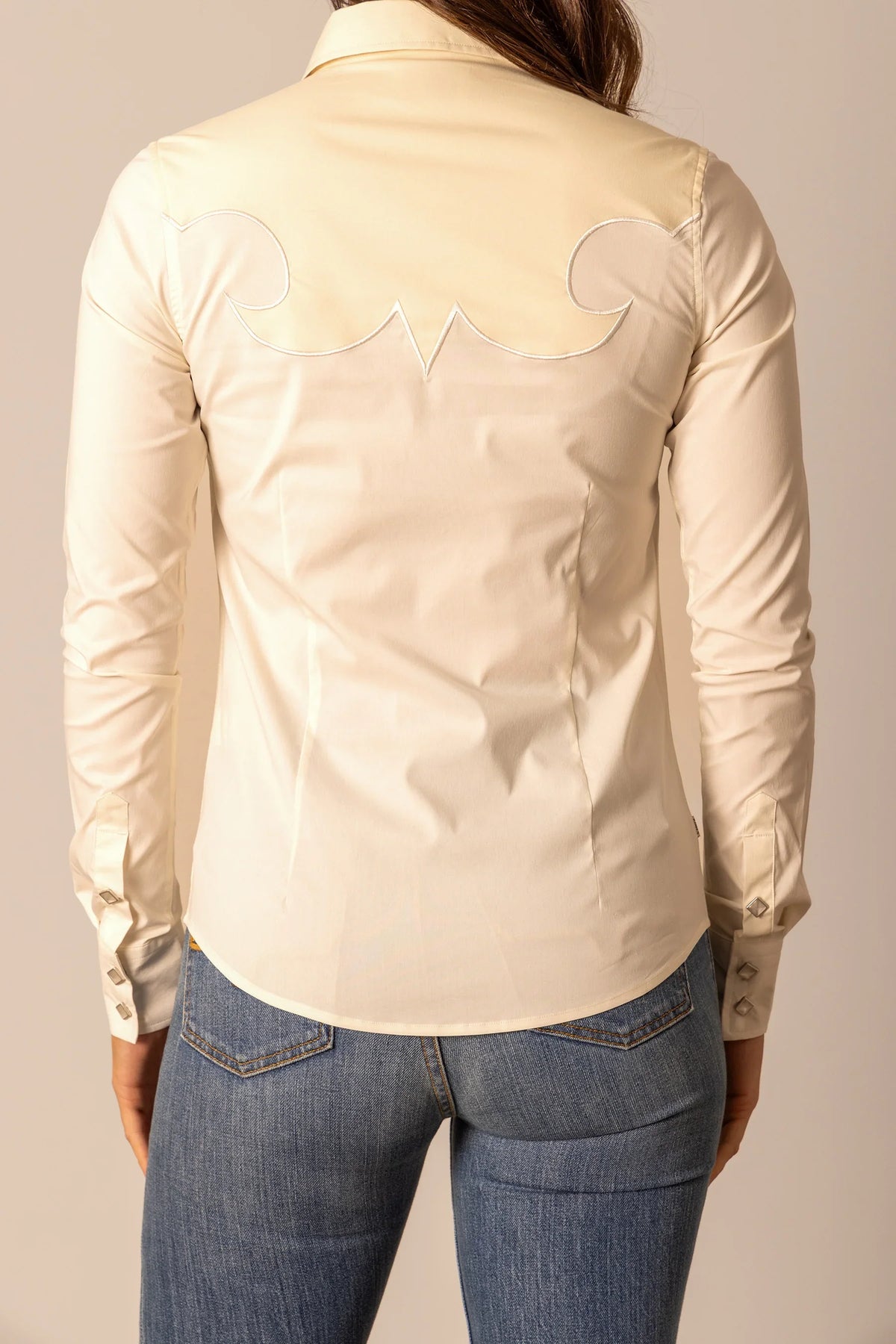 Kimes Ranch Alice top in Natural, back view, with a scalloped yoke and contrast stitching on the back