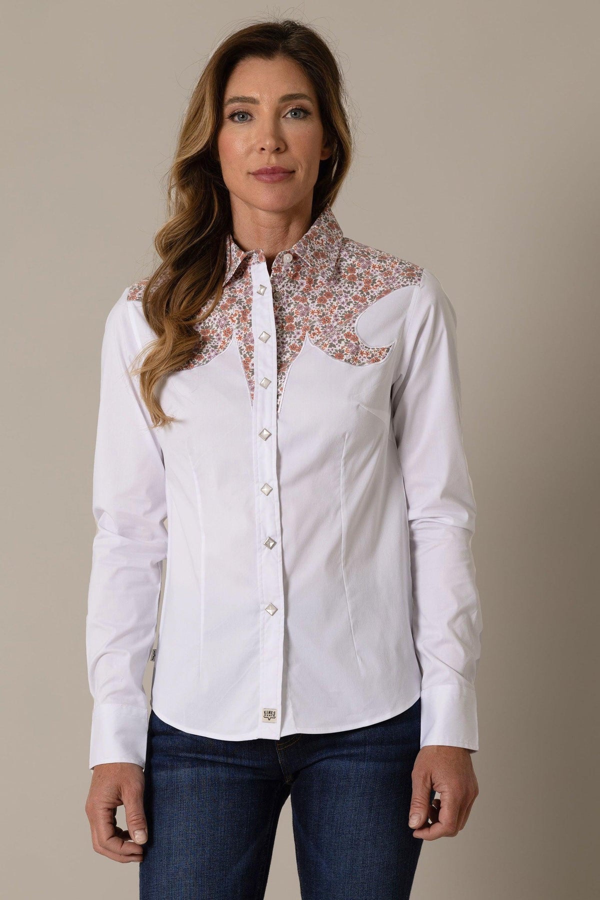 Kimes Ranch Alice top in White with floral print yoke and diamond-shaped buttons