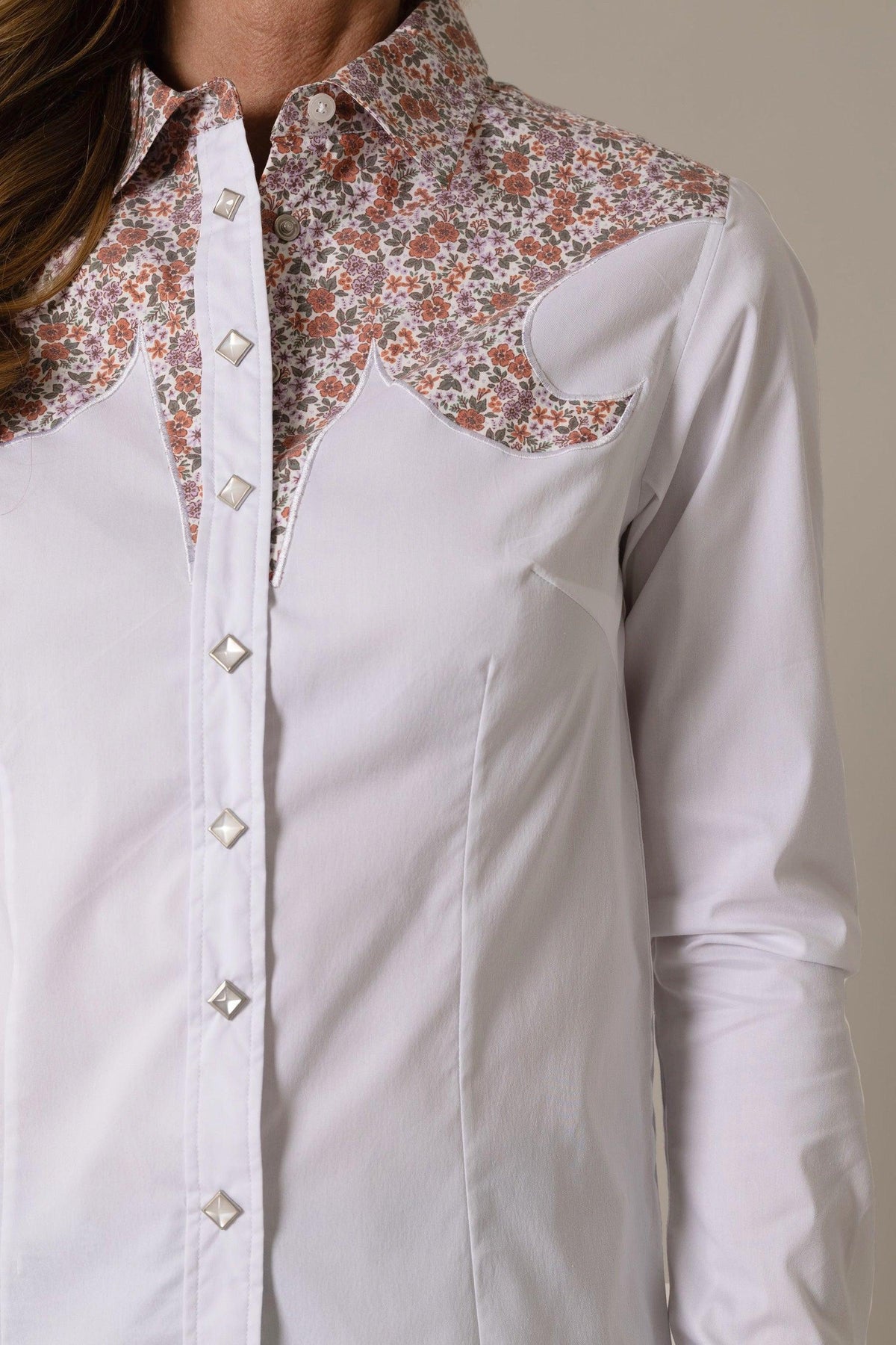 Kimes Ranch Alice top in White with floral yoke and diamond-shaped buttons