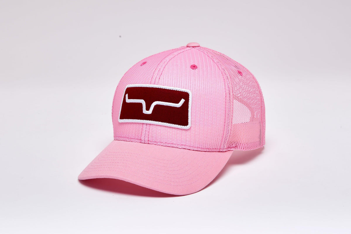 Kimes Ranch All Mesh Trucker Hat in Pink, side view, with a maroon and white Kimes Ranch logo patch