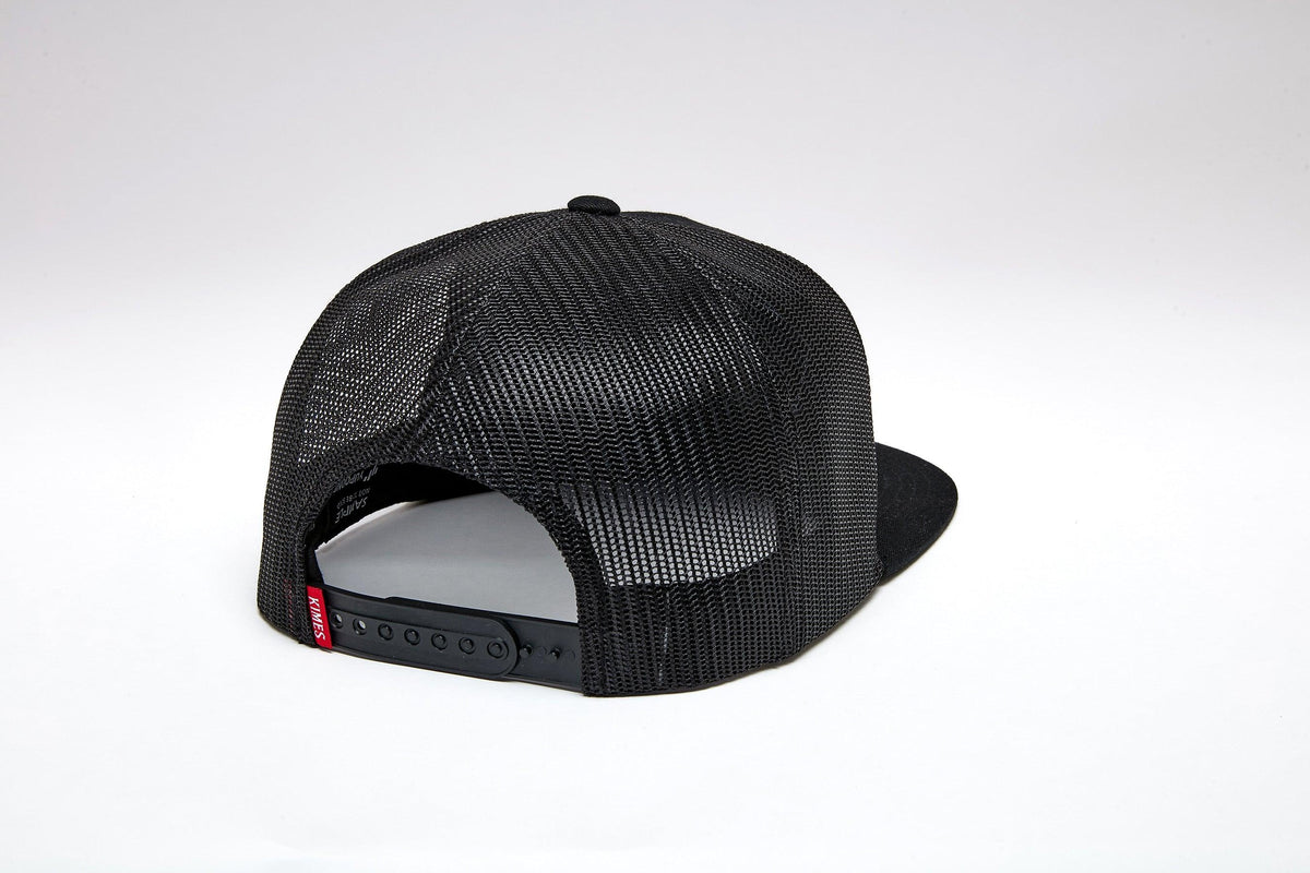 Kimes Ranch Amboy, back view, Black mesh trucker hat with adjustable snapback closure
