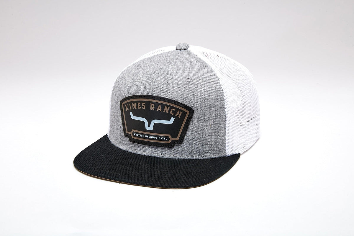 Kimes Ranch Amboy hat in Heather Grey, side view, with a black brim and white mesh back featuring the Kimes Ranch logo patch