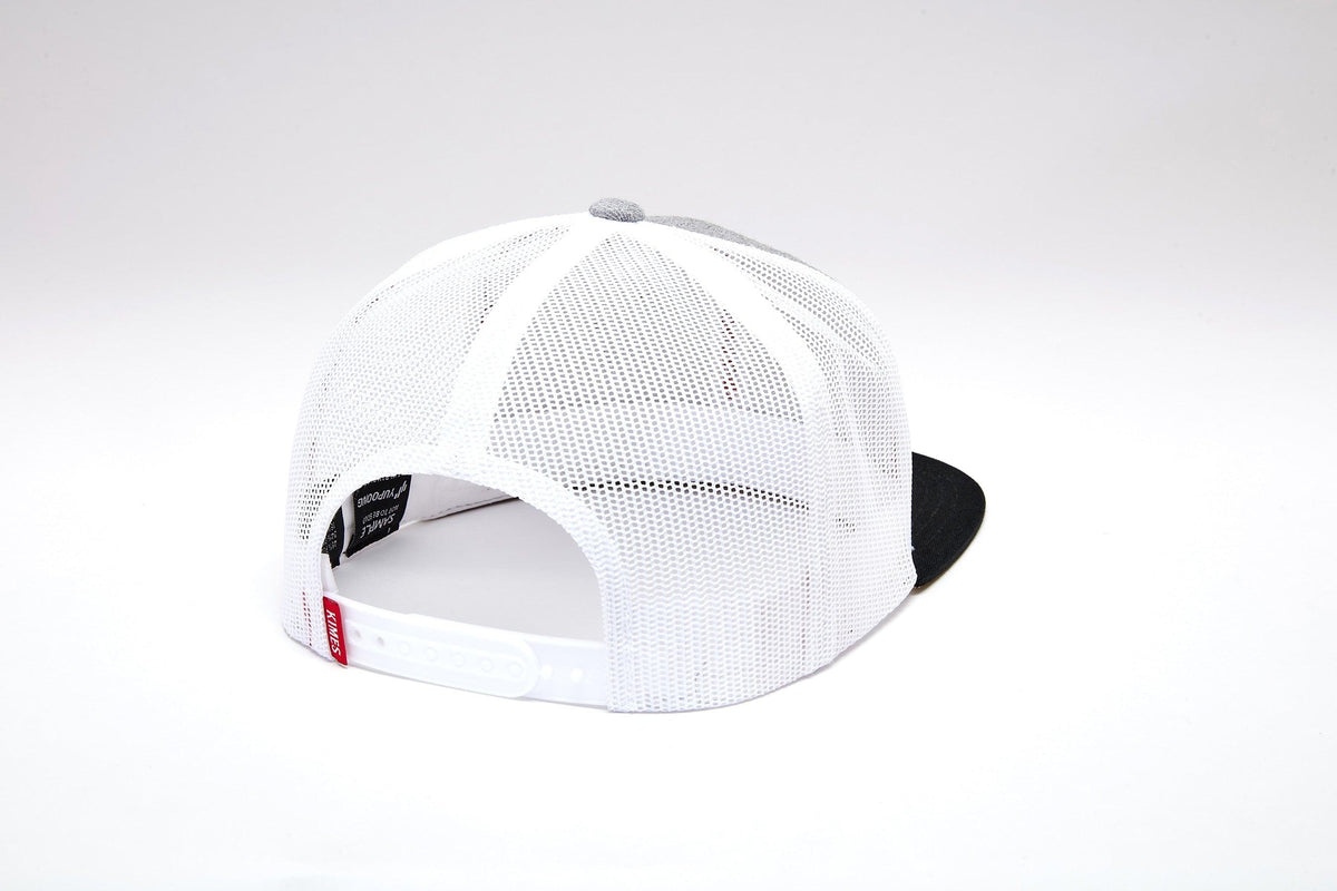 Kimes Ranch Amboy hat in Heather Grey, back view, with white mesh back and black brim