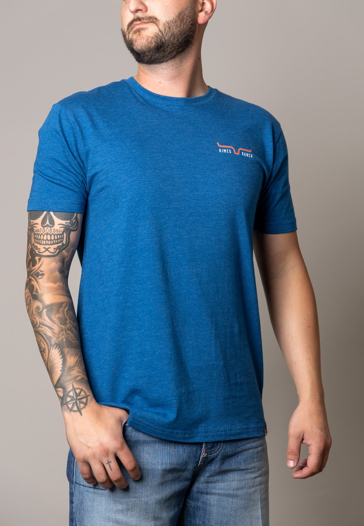 Kimes Ranch American Cowboy shirt in Heather Cool Blue with a chest logo