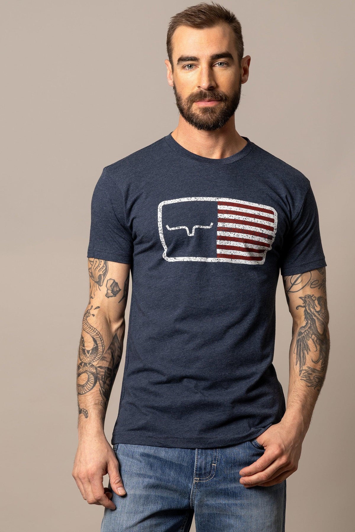 Kimes Ranch American Trucker Tee Shirt in Navy with a distressed flag graphic featuring the Kimes Ranch logo