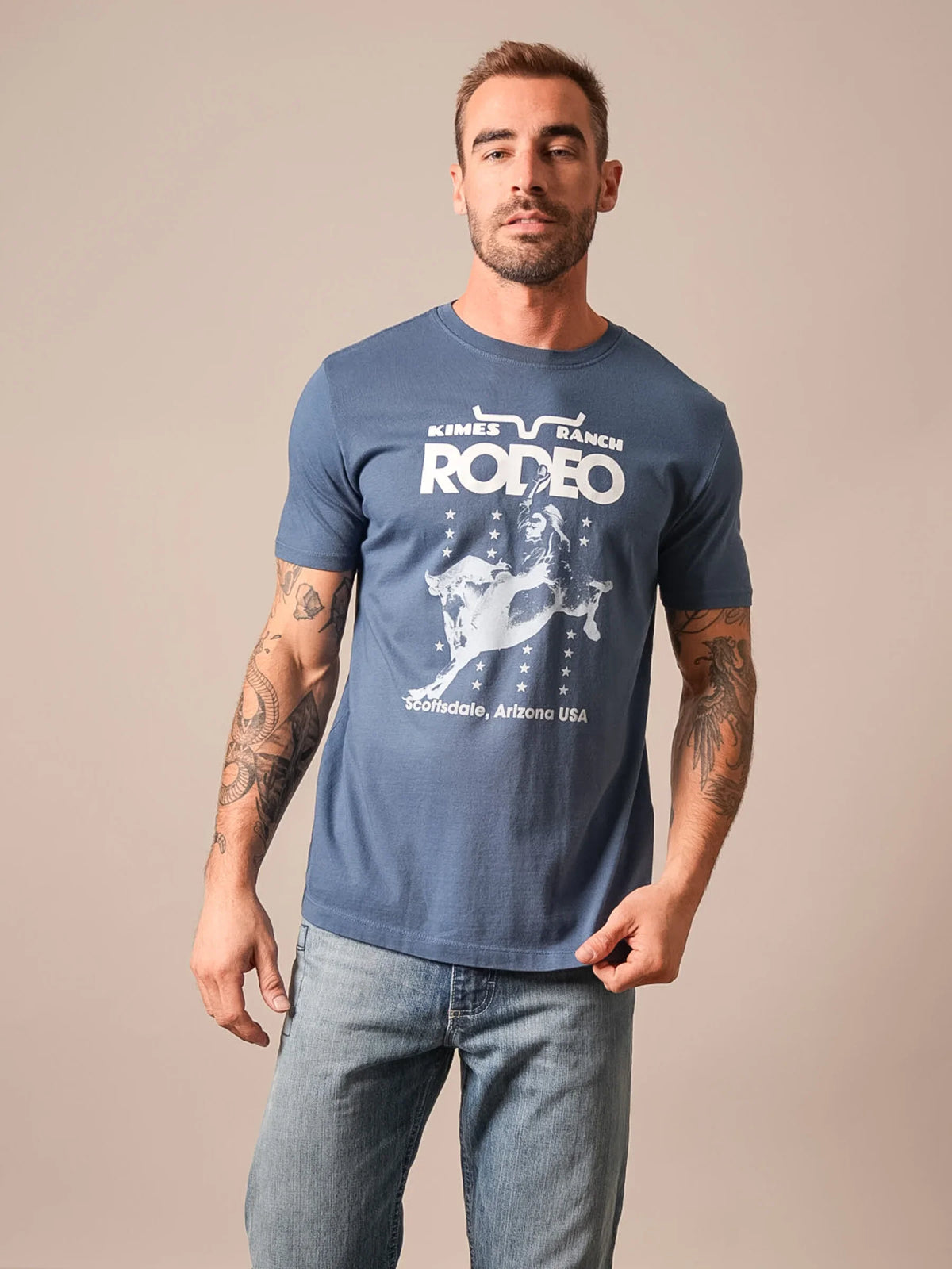 Kimes Ranch Americana 59 shirt in Dark Blue with a graphic of a cowboy riding a bucking horse
