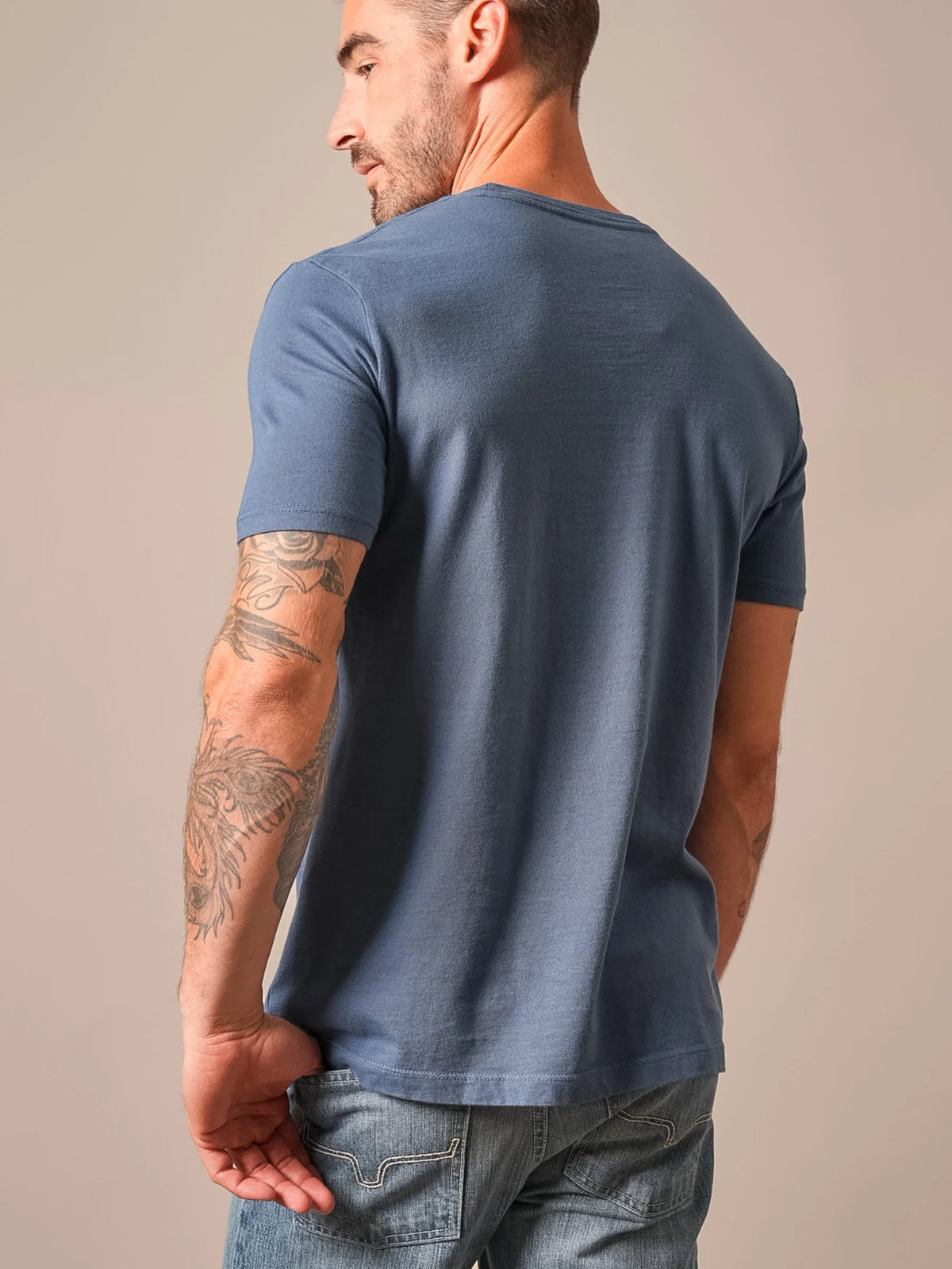 Kimes Ranch Americana 59 shirt in Dark Blue, back view, with short sleeves and a crew neck