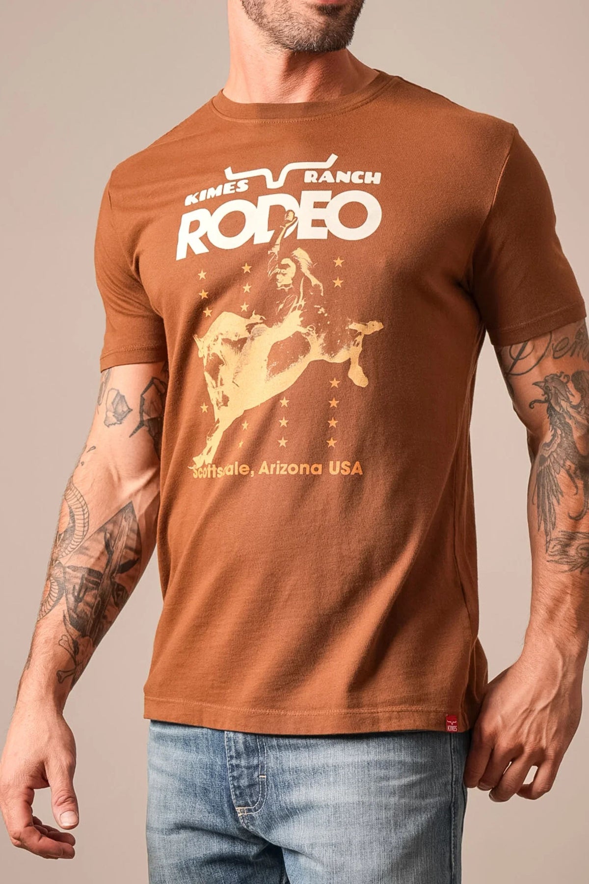 Kimes Ranch Americana 59 shirt in Dark Brown with a rodeo graphic and Scottsdale Arizona USA text