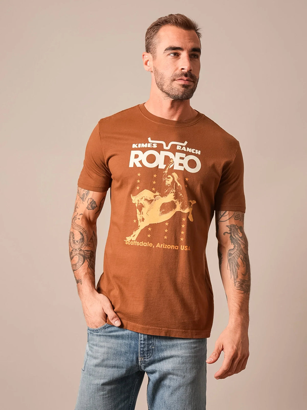 Kimes Ranch Americana 59 short sleeve shirt in Dark Brown with a rodeo graphic and Scottsdale Arizona USA text