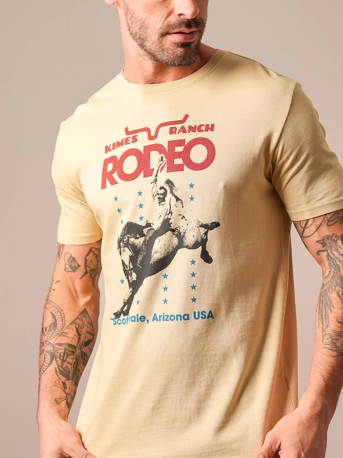 Kimes Ranch Americana 59 shirt in Sand with a rodeo graphic and RODEO Scottale, Arizona USA text