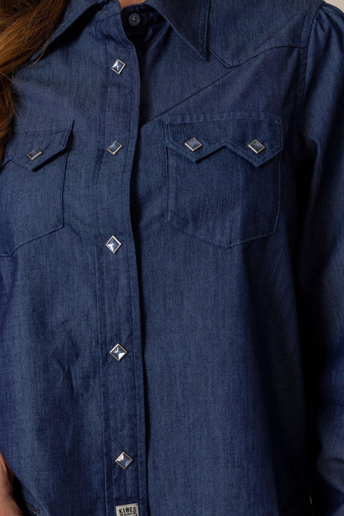 Kimes Ranch Annie Cropped Snap top in Dark Indigo, close-up, with diamond-shaped silver snap buttons and two chest pockets