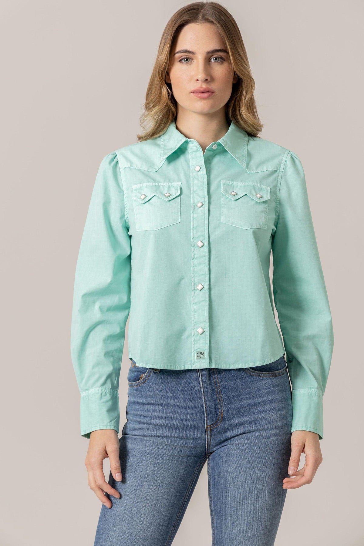 Kimes Ranch Annie Cropped Snap top in Turquoise with snap buttons and two chest pockets