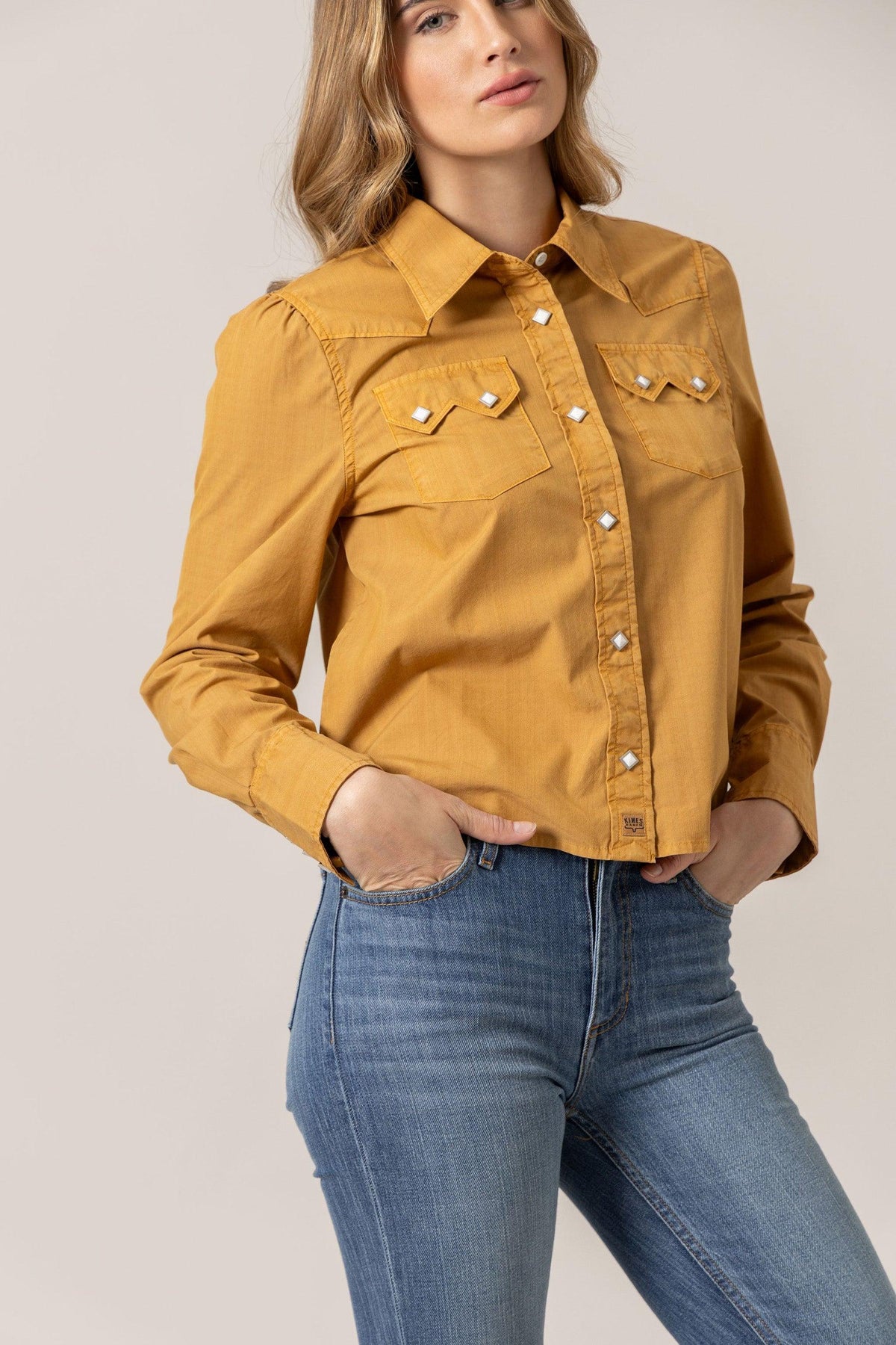 Kimes Ranch Annie Cropped Snap top in Work Wear Brown with pearl snap buttons and chest pockets