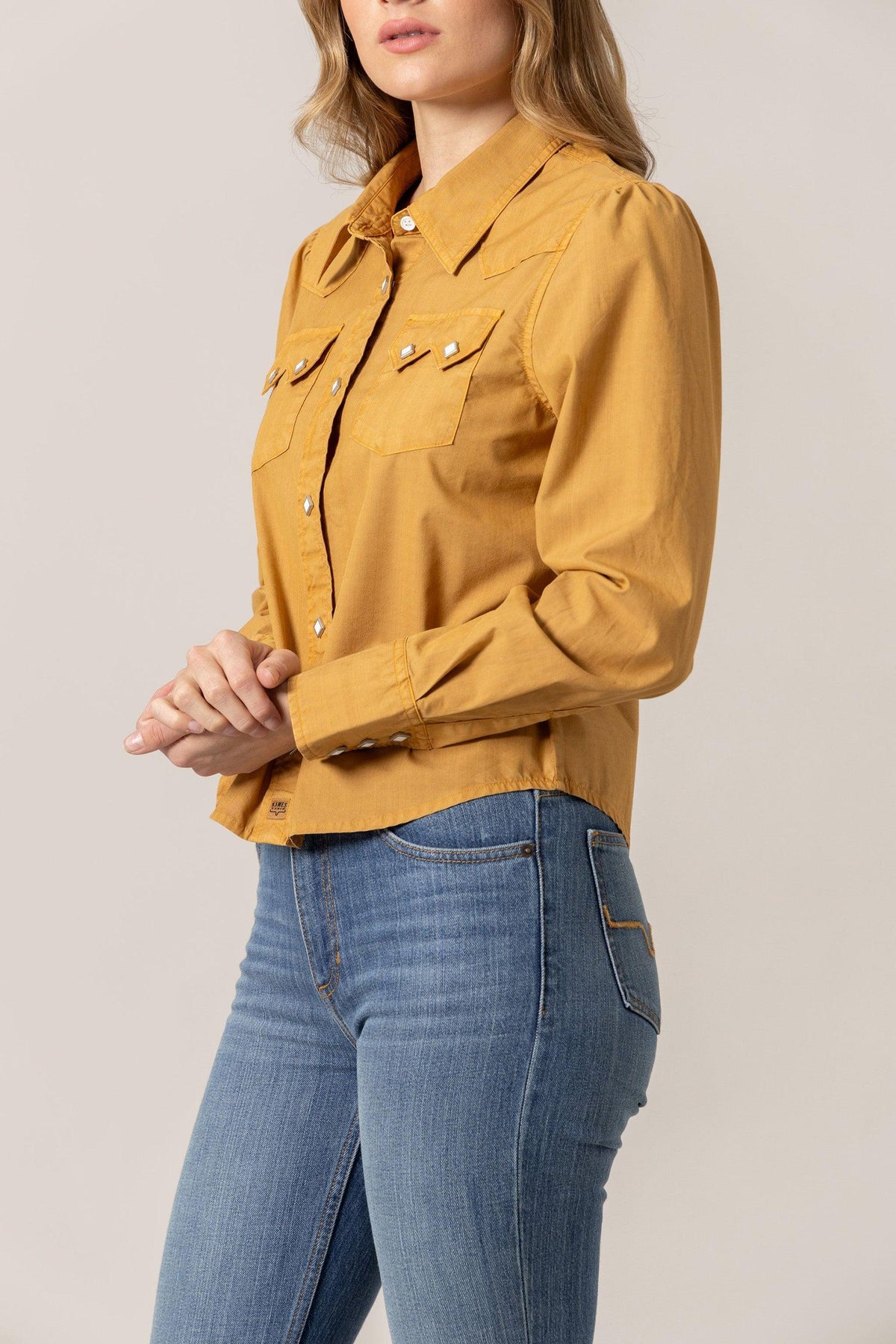 Kimes Ranch Annie Cropped Snap top in Work Wear Brown, side view, with snap front and chest pockets