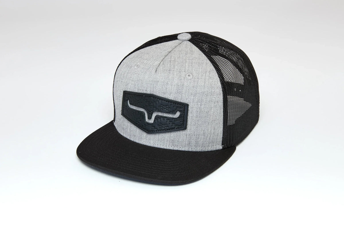 Kimes Ranch Arbor hat in Grey Heather, side view, with a black mesh back and a black logo patch on the front