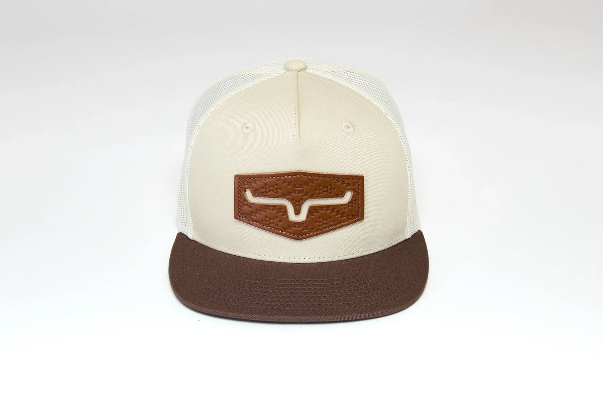 Kimes Ranch Arbor Hat in Natural with a brown Kimes Ranch logo patch on the front and a brown brim
