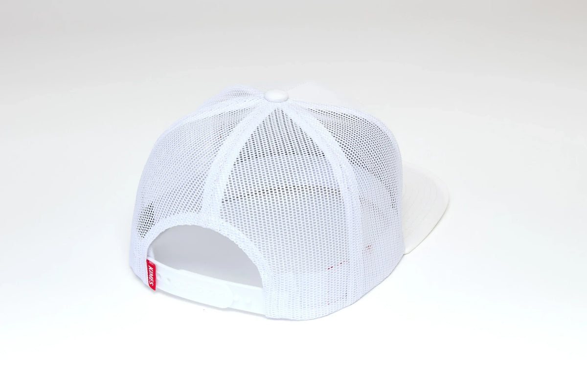Kimes Ranch Arbor hat in White, back view, with mesh back and red logo tag