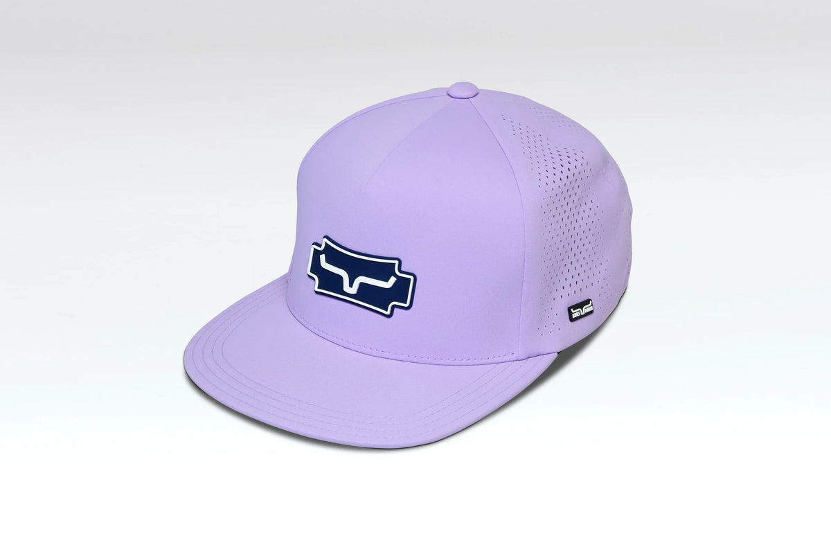 Kimes Ranch Arena hat in Lavender, side view, with a navy logo and perforated side panels