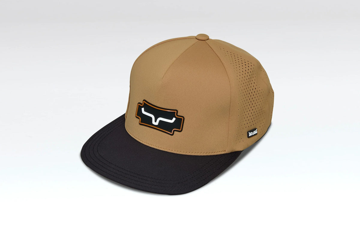 Kimes Ranch Arena hat in Work Wear Brown, side view, with a black brim and Kimes Ranch logo