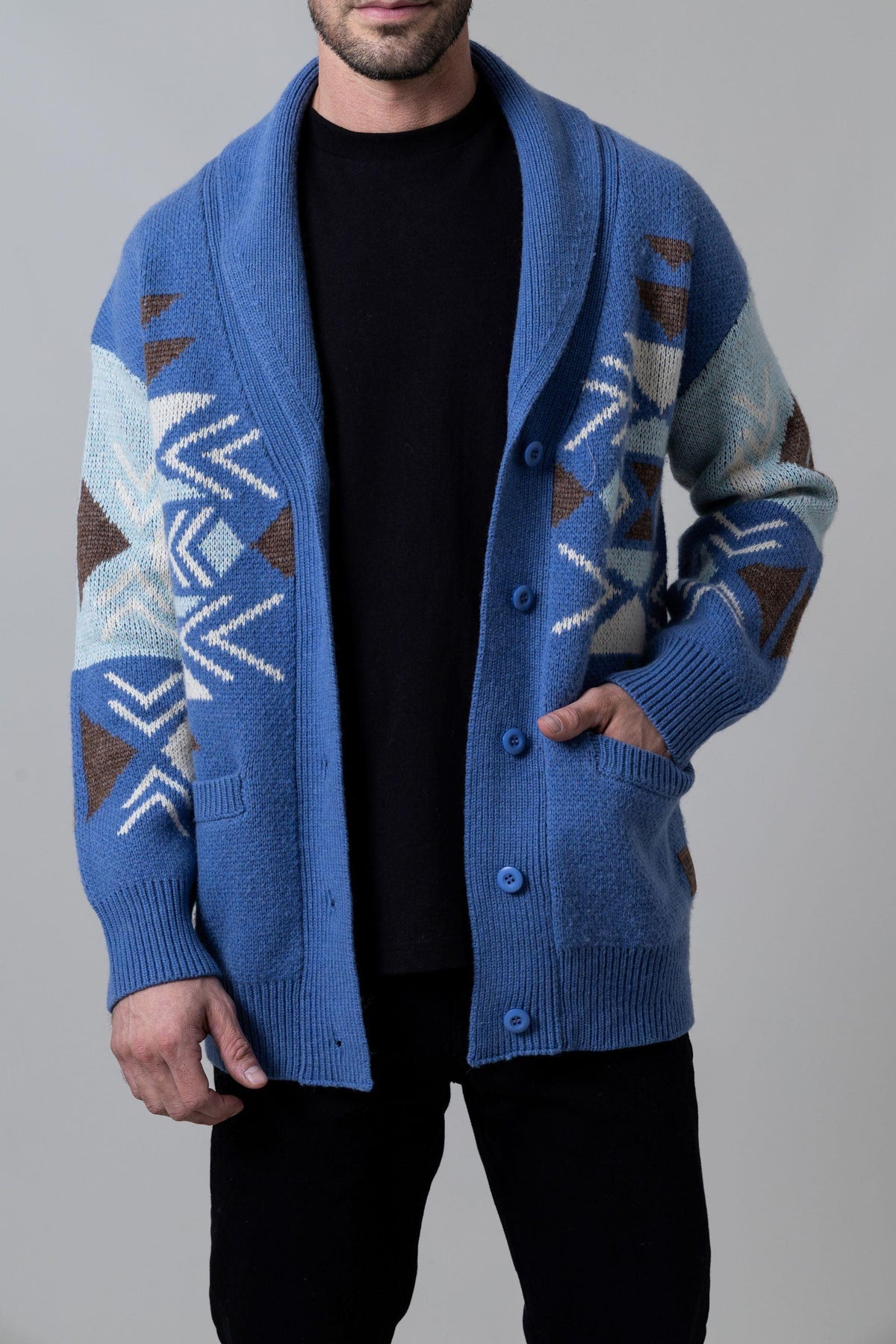 Kimes Ranch Artesia Cardigan in Slate Blue with geometric knit pattern and front pockets