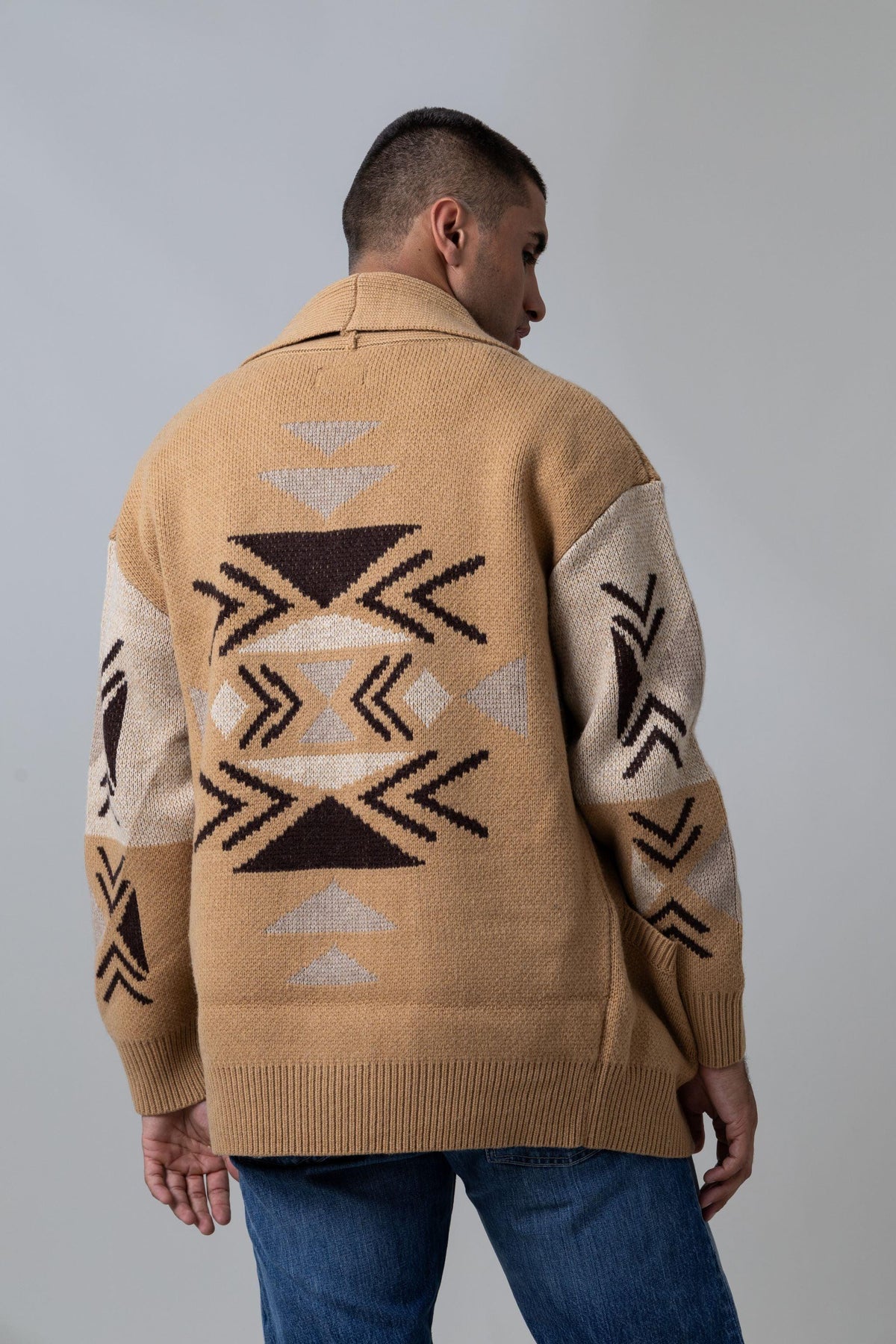 Kimes Ranch Artesia Cardigan in Work Wear Brown, back view, with geometric knit pattern on back and sleeves
