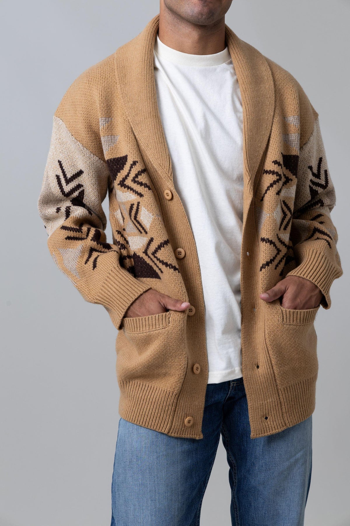 Kimes Ranch Artesia Cardigan in Work Wear Brown with geometric pattern and front pockets