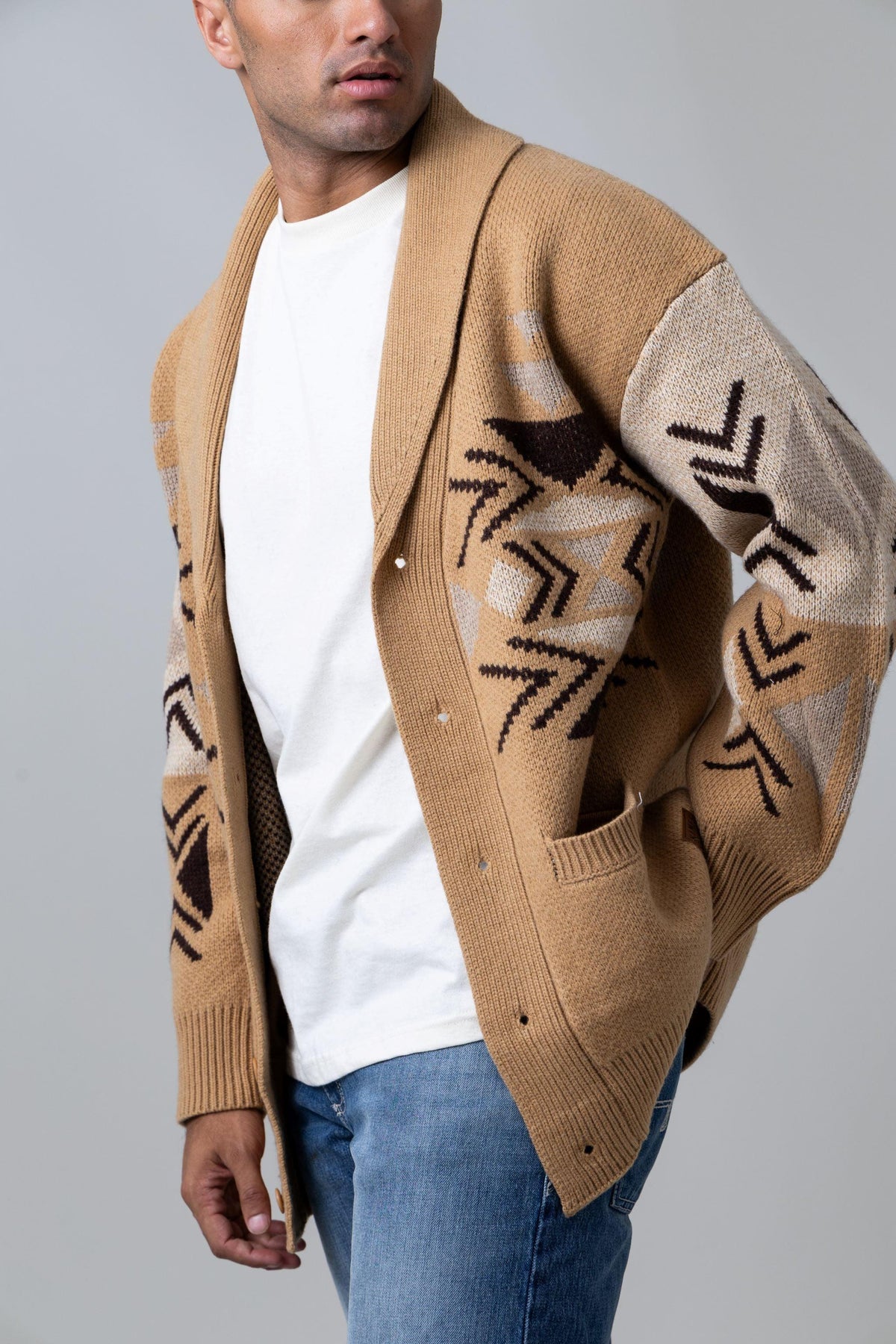 Kimes Ranch Artesia Cardigan in Work Wear Brown, side view, with a geometric pattern and front pockets