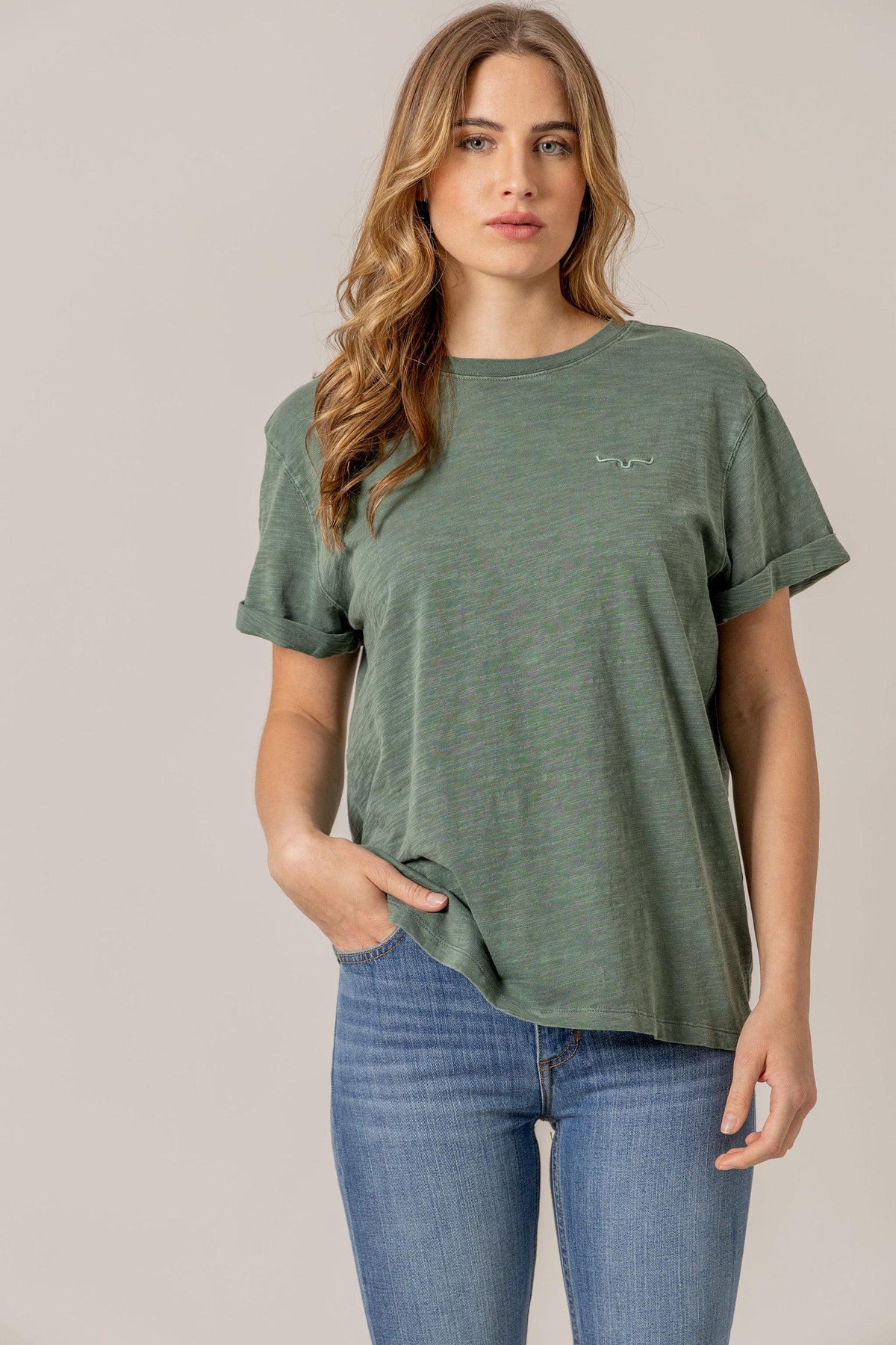 Kimes Ranch Ashley Tee in Pine with rolled short sleeves and embroidered logo
