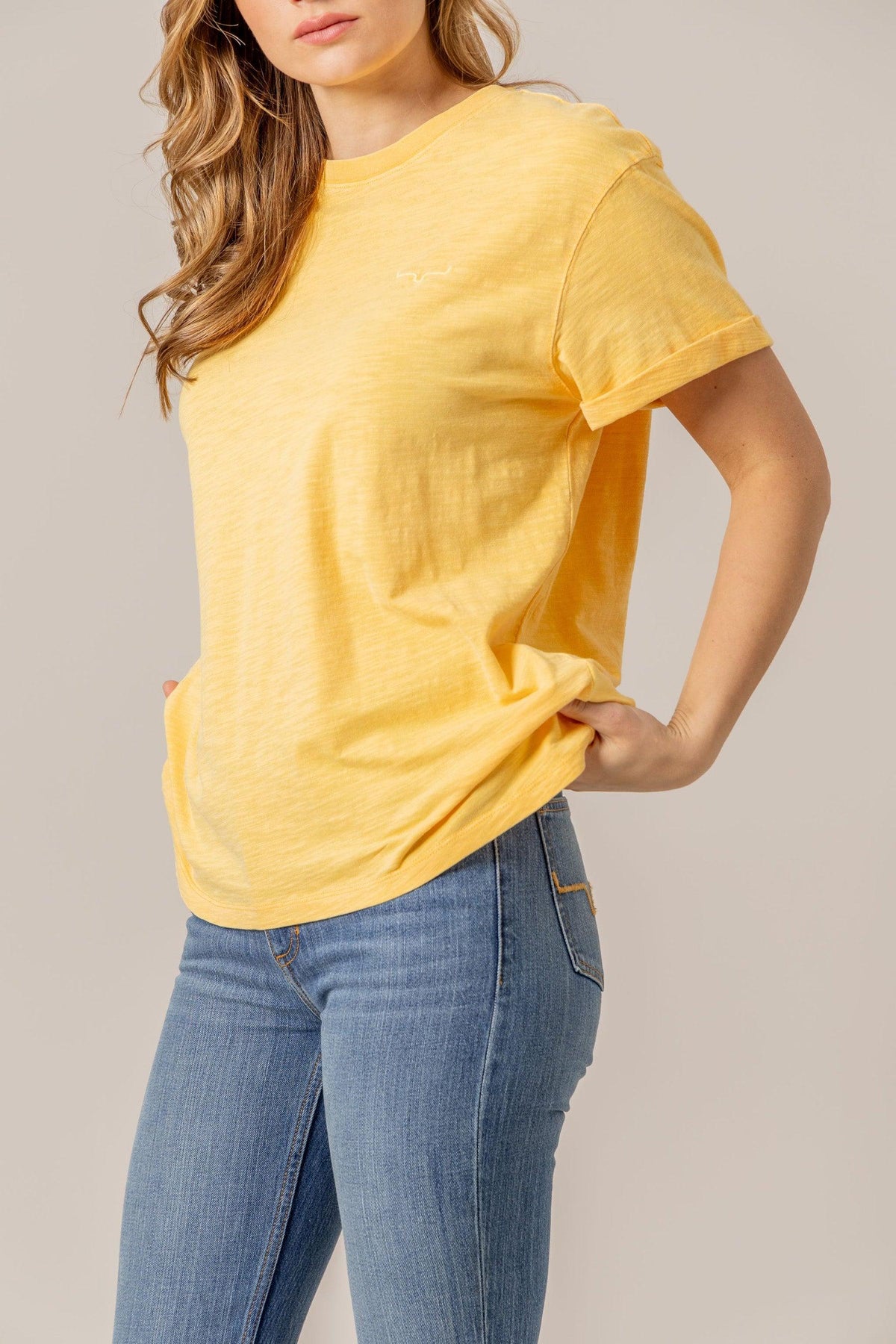 Kimes Ranch Ashley Tee in Yellow, side view, with short sleeves and a crew neck