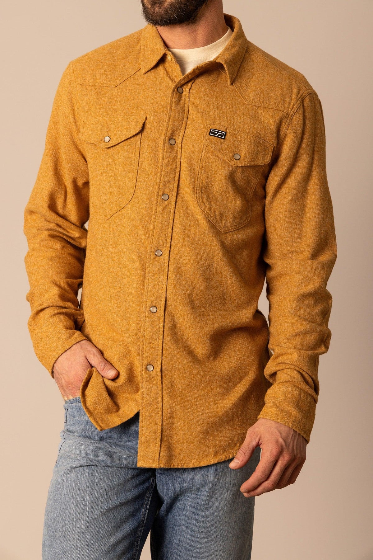 Kimes Ranch Atwater long sleeve dress shirt in Work Wear Brown with chest pockets and a logo patch