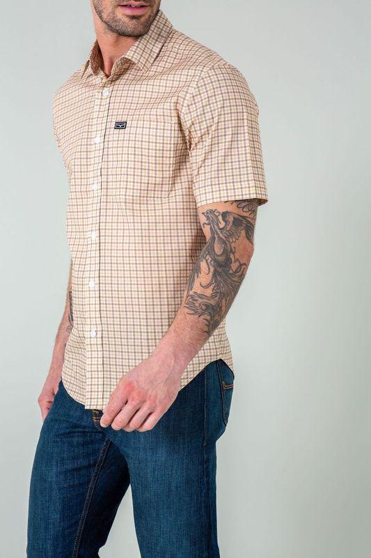 Kimes Ranch Tucco Mini Check Dress Shirt in Khaki, side view, with short sleeves and a chest pocket