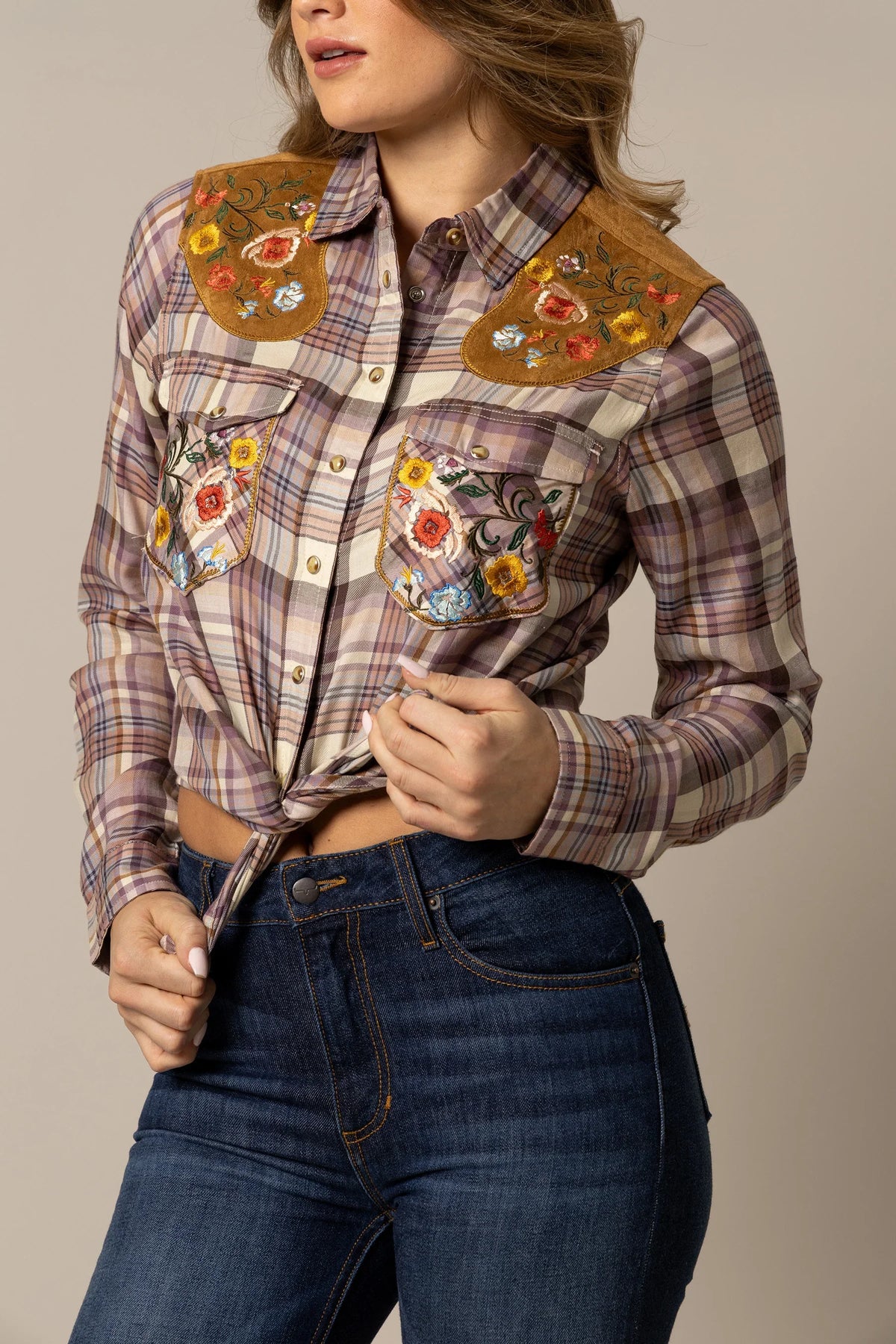 Kimes Ranch Bailey top in Work Wear Brown with floral embroidery on yoke and pockets