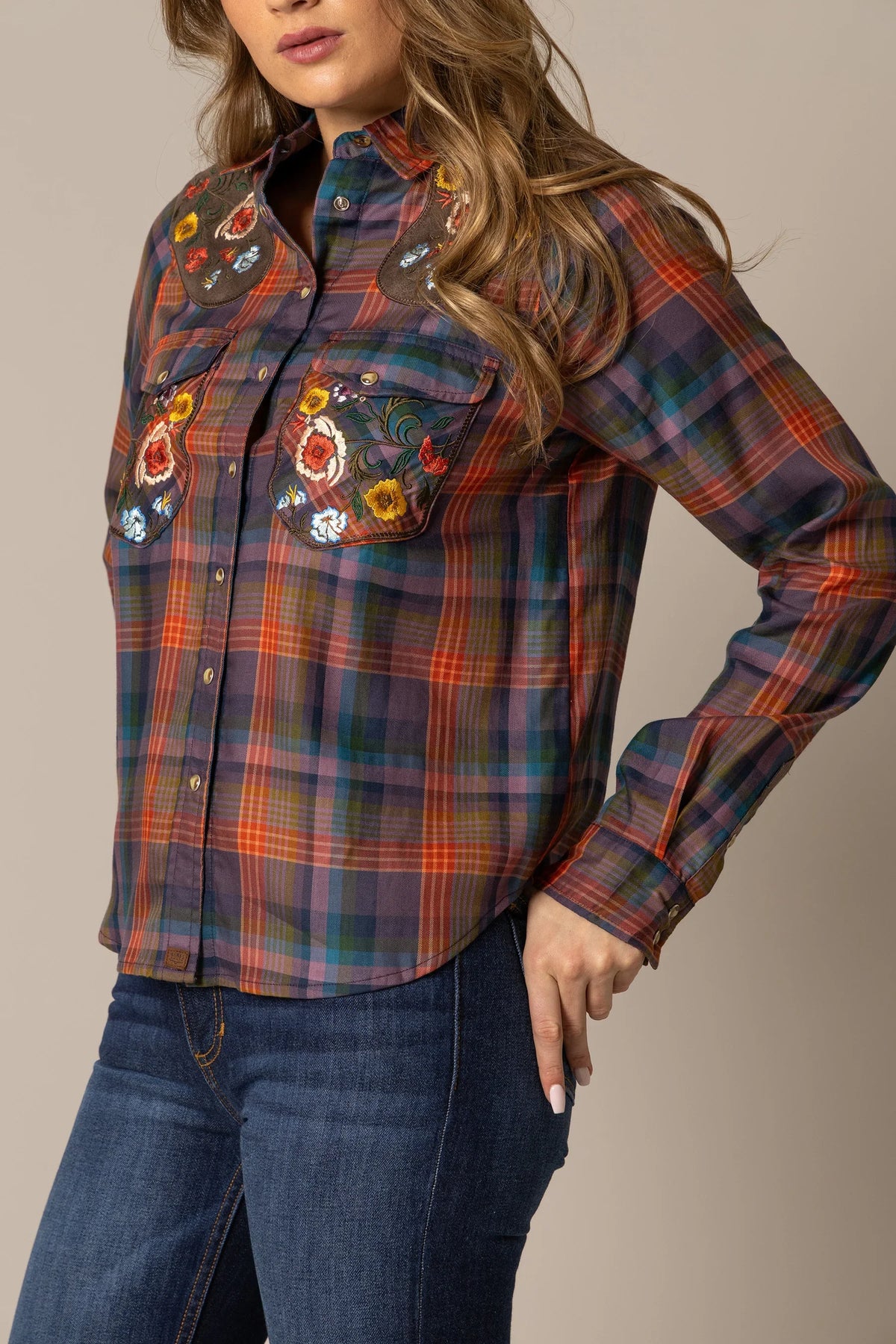Kimes Ranch Bailey top in Cocoa with floral embroidery on yoke and pockets