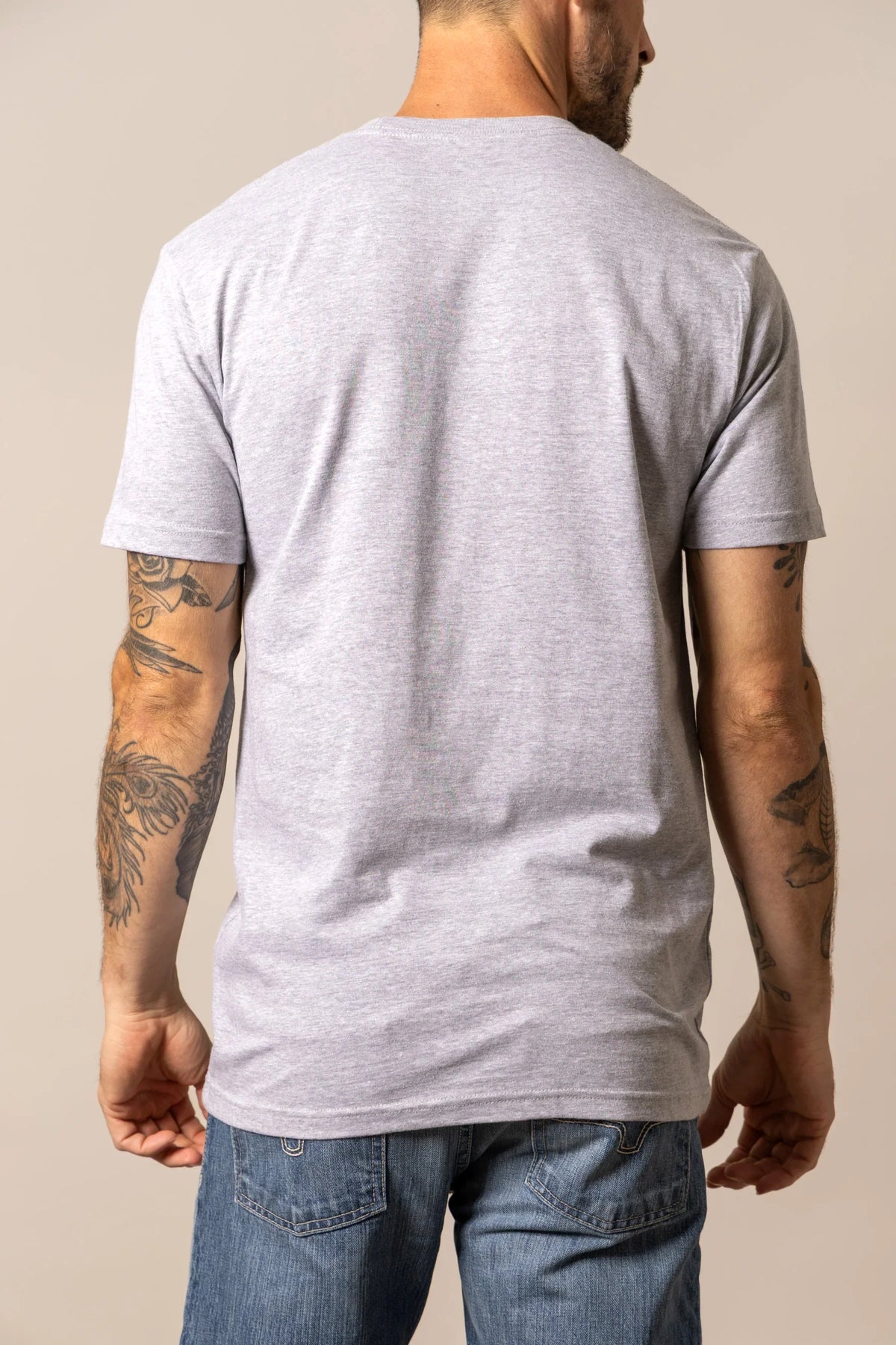Kimes Ranch Baja Diamond, back view, shirt in heather grey with short sleeves and a crew neck