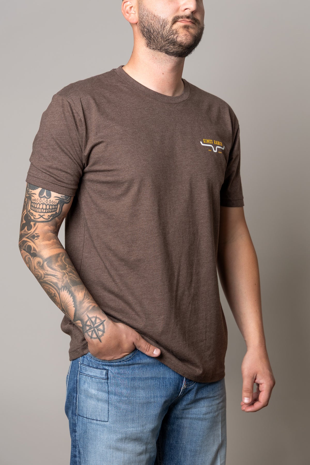 Kimes Ranch Bar Doors shirt in Espresso with a chest logo and short sleeves