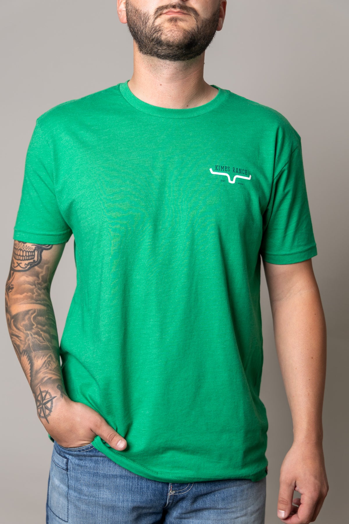 Kimes Ranch Bar Doors shirt in Kelly Green with a small chest logo