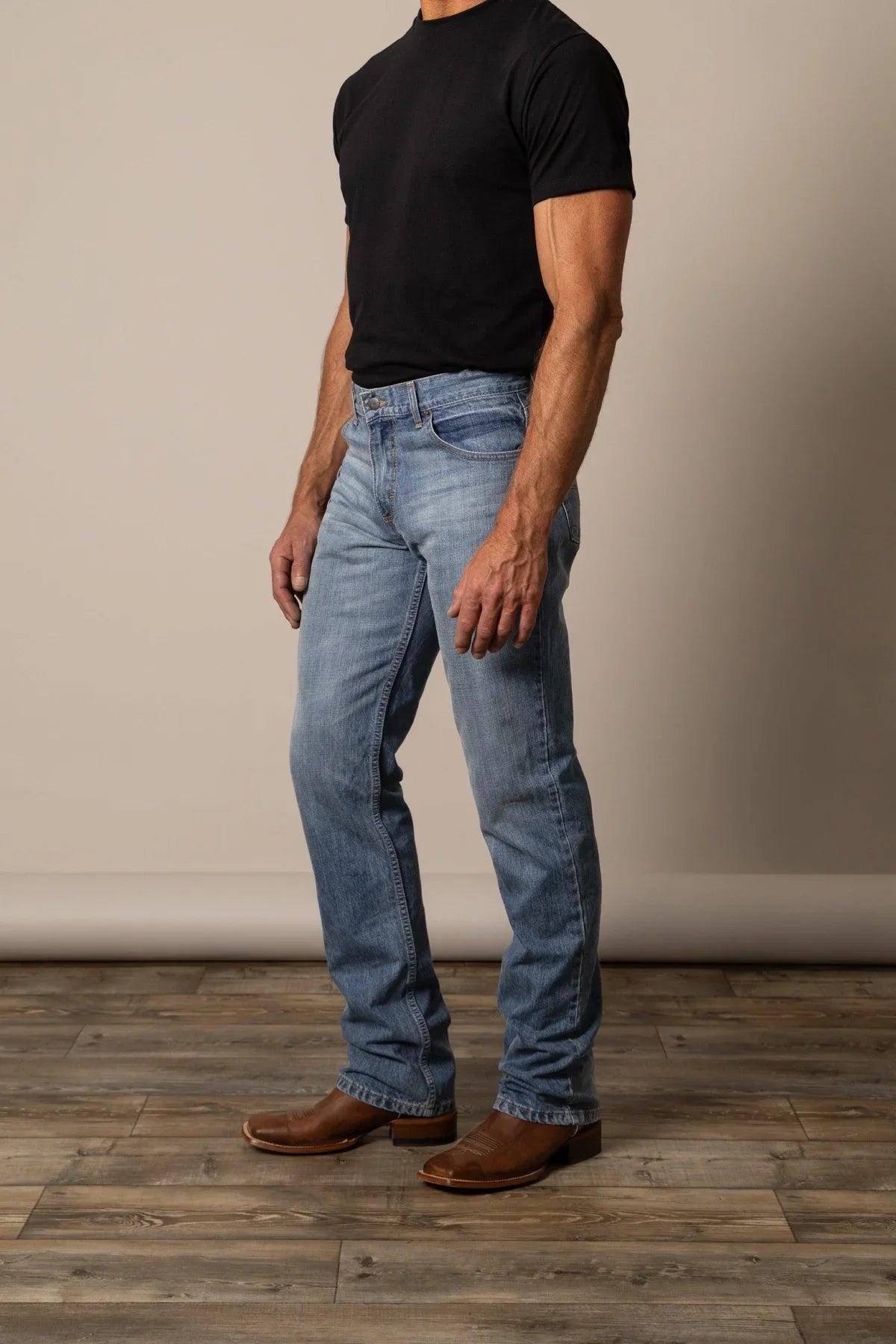 Kimes Ranch Barney Slim Fit Bootcut jeans in Light Wash, side view, with a classic five-pocket design