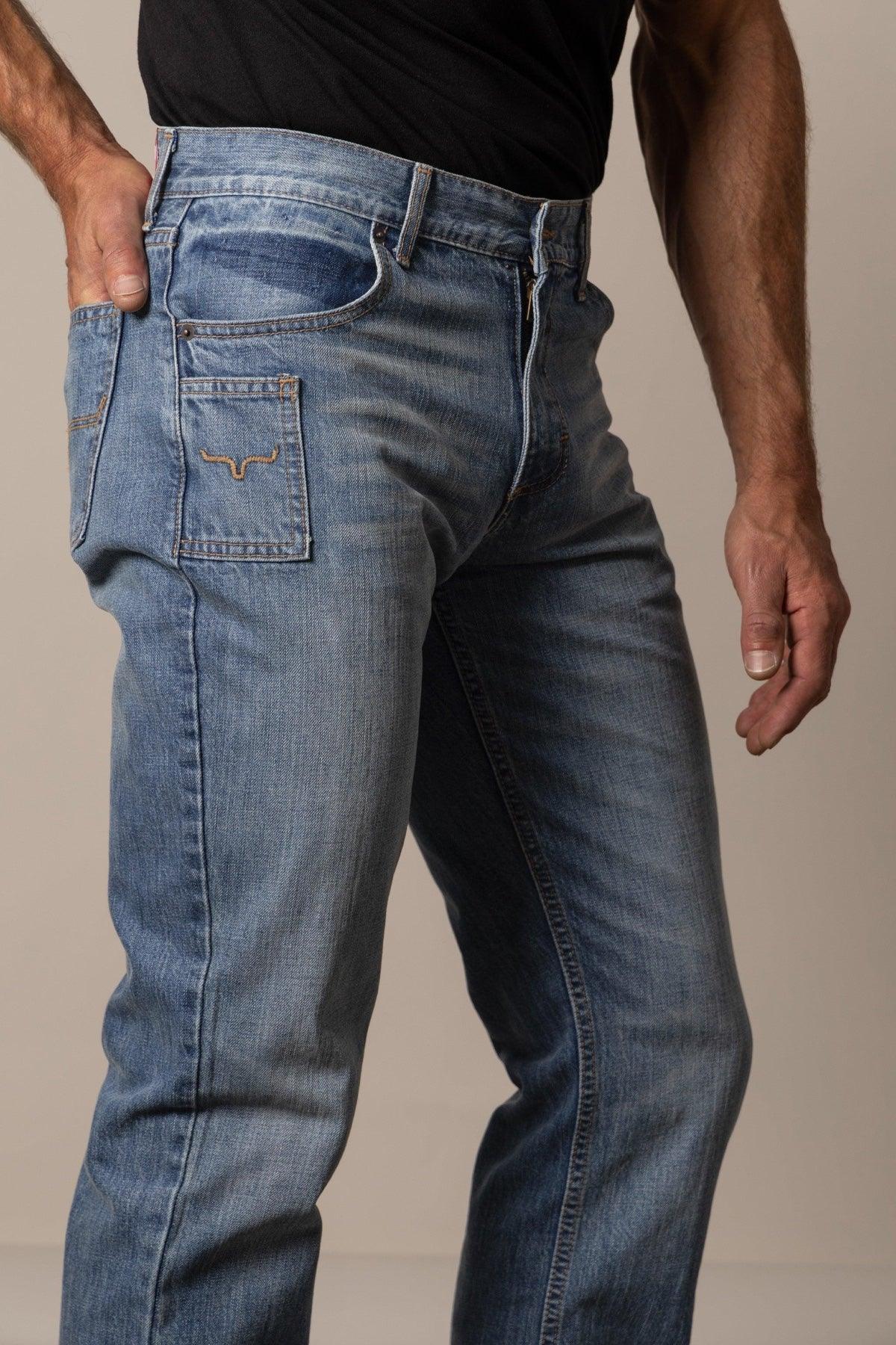 Kimes Ranch Barney Slim Fit Bootcut jeans in blue with a back pocket featuring the Kimes Ranch logo