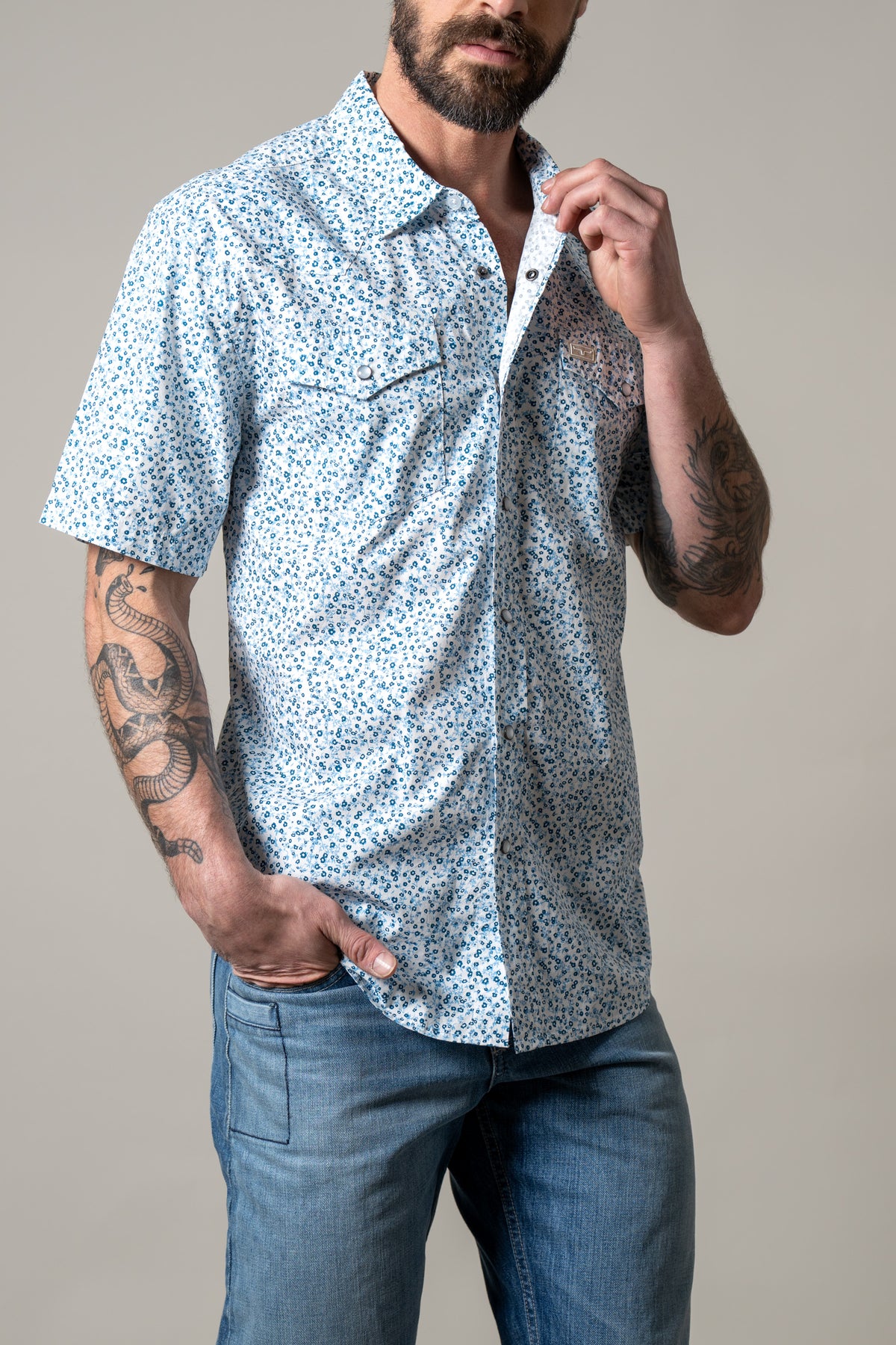 Kimes Ranch Bascom dress shirt in Blue with a small all-over print and two chest pockets