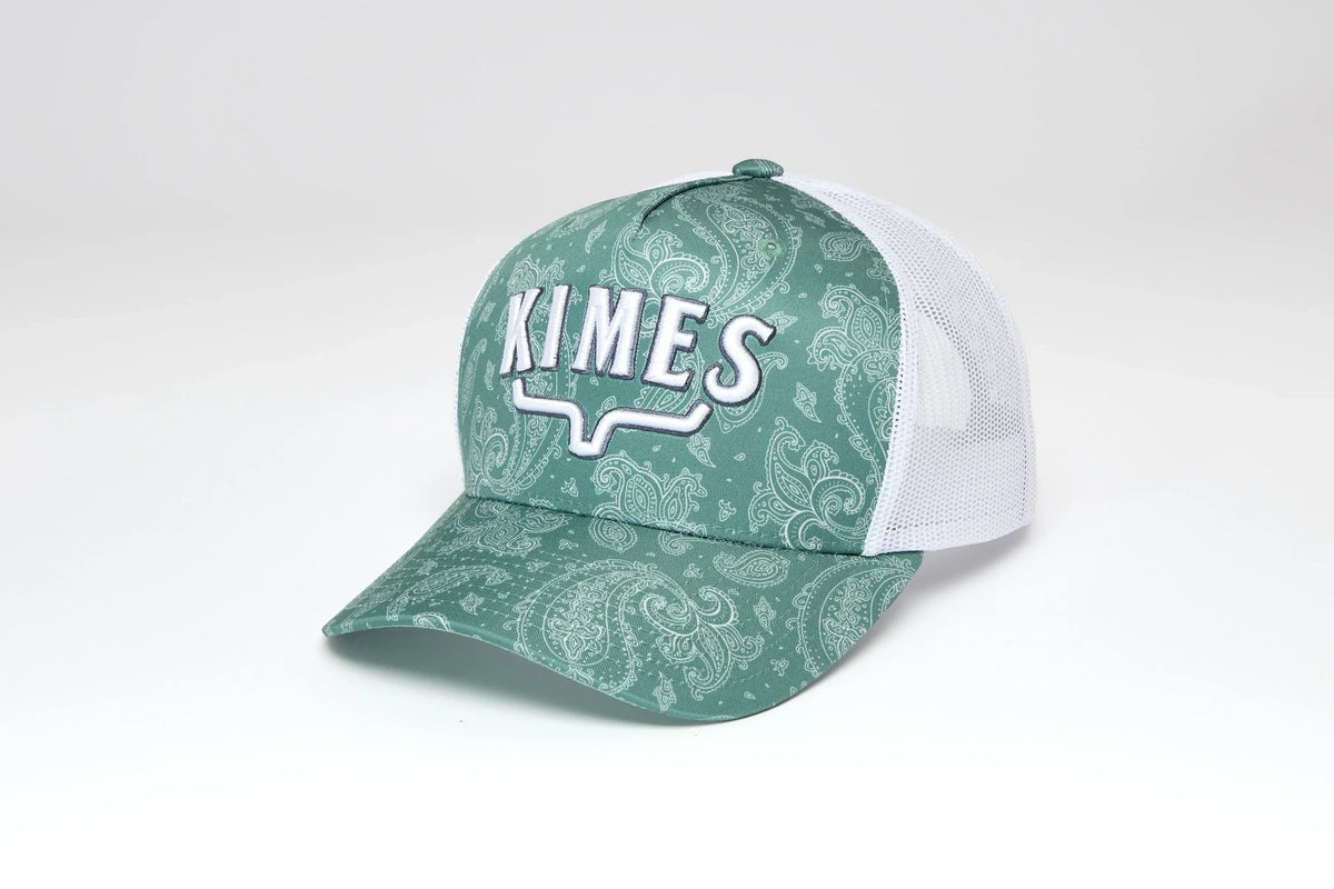Kimes Ranch Bellevue, side view, Green trucker hat with white mesh back and KIMES logo