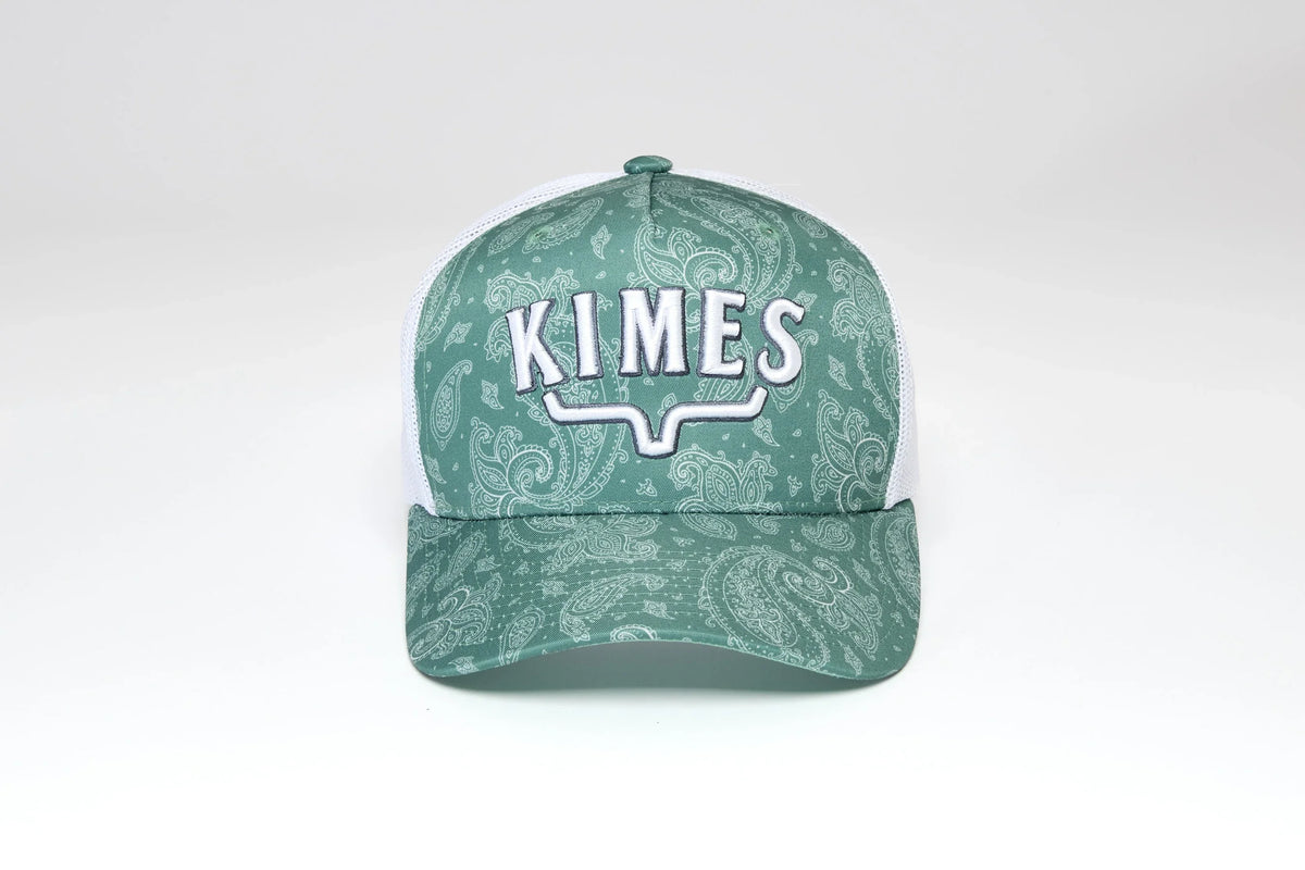 Kimes Ranch Bellevue Green trucker hat with white mesh back and embroidered KIMES logo