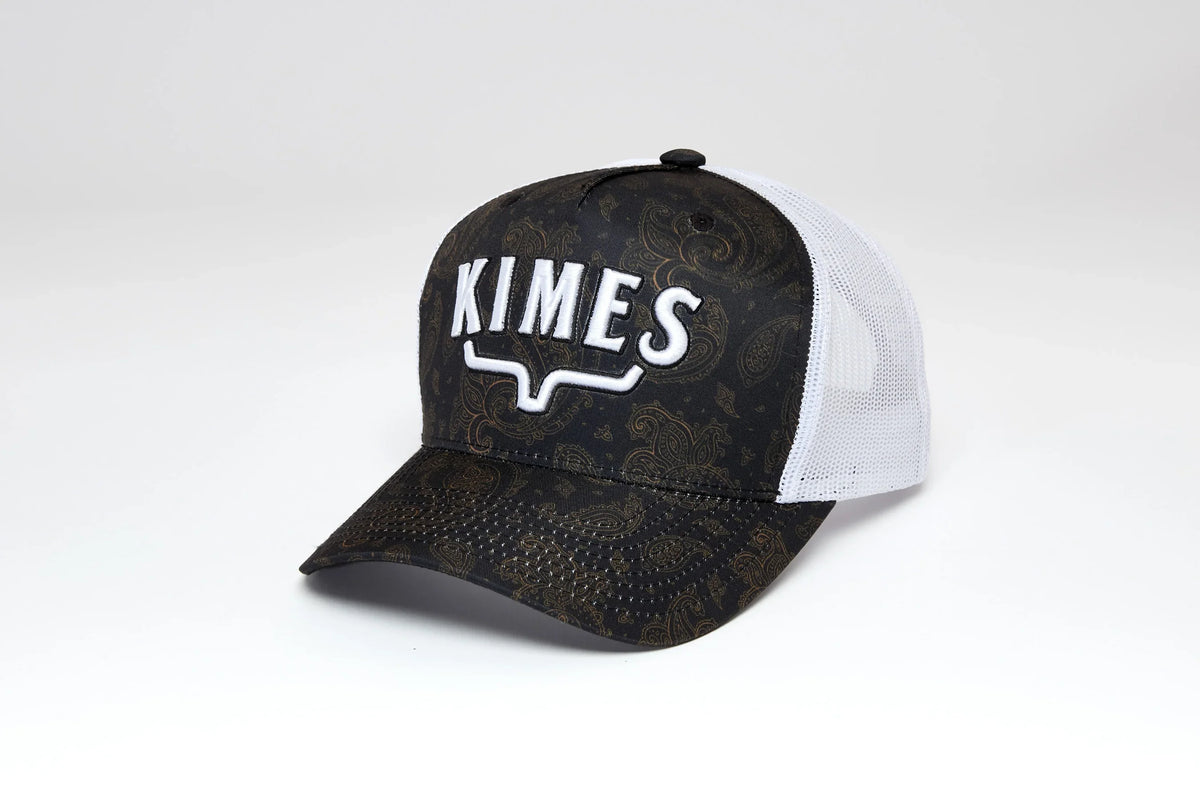 Kimes Ranch Bellevue Black trucker hat with white mesh back and embroidered Kimes Ranch logo
