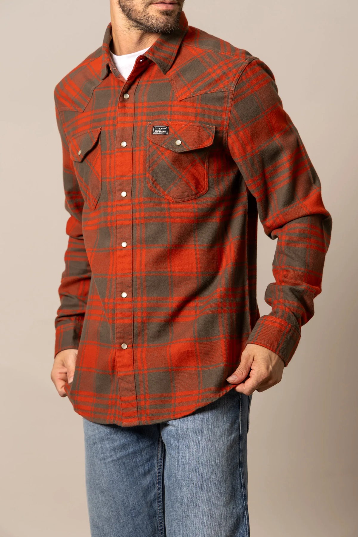 Kimes Ranch Biggie Flannel dress shirt in Brick Red with two chest pockets and snap buttons